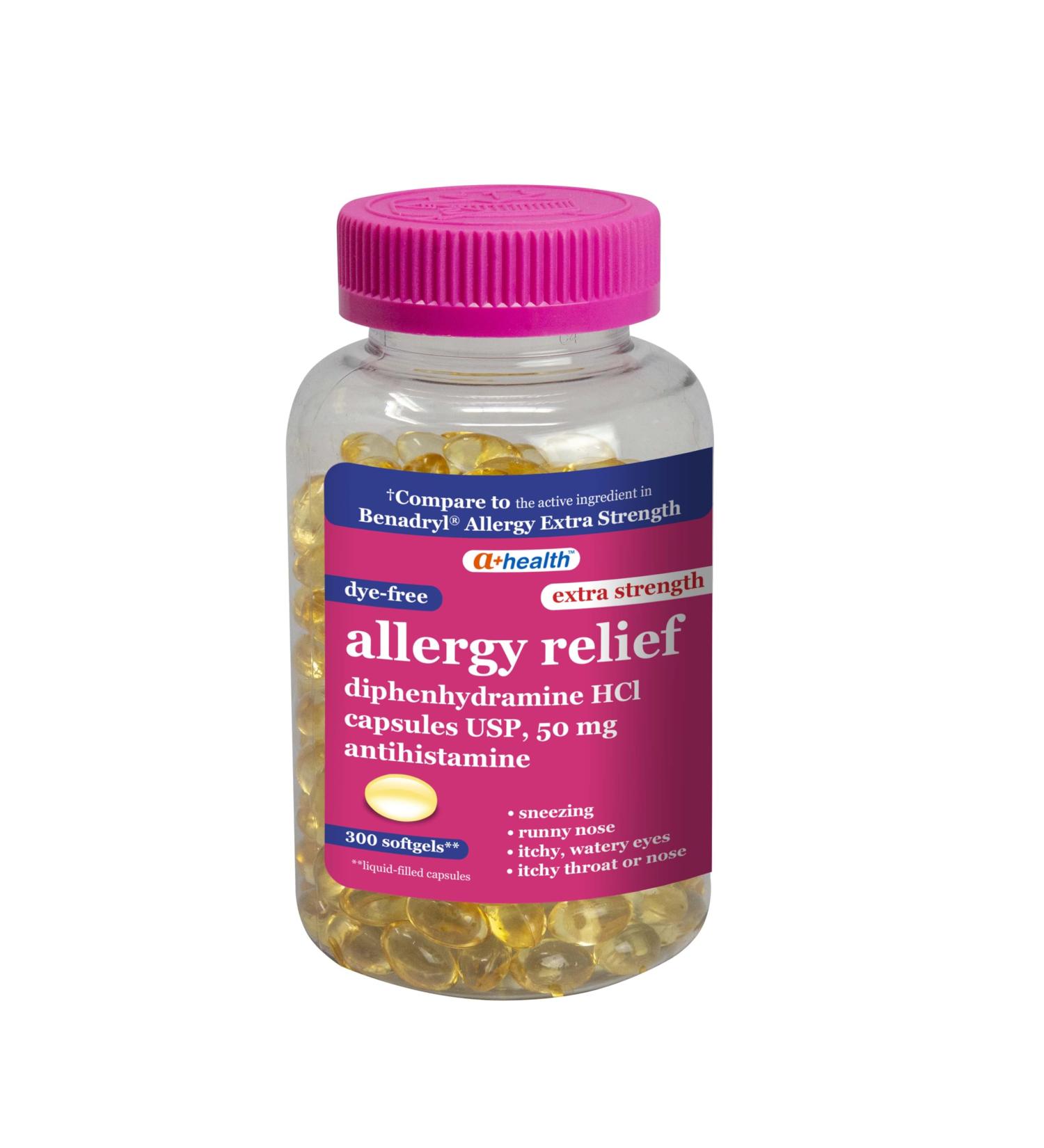 A+Health Dye-Free Extra Strength Allergy Relief Medicine Diphenhydramine HCl 50mg Softgels Antihistamine 300 Count - Buy Online on GoSupps.com