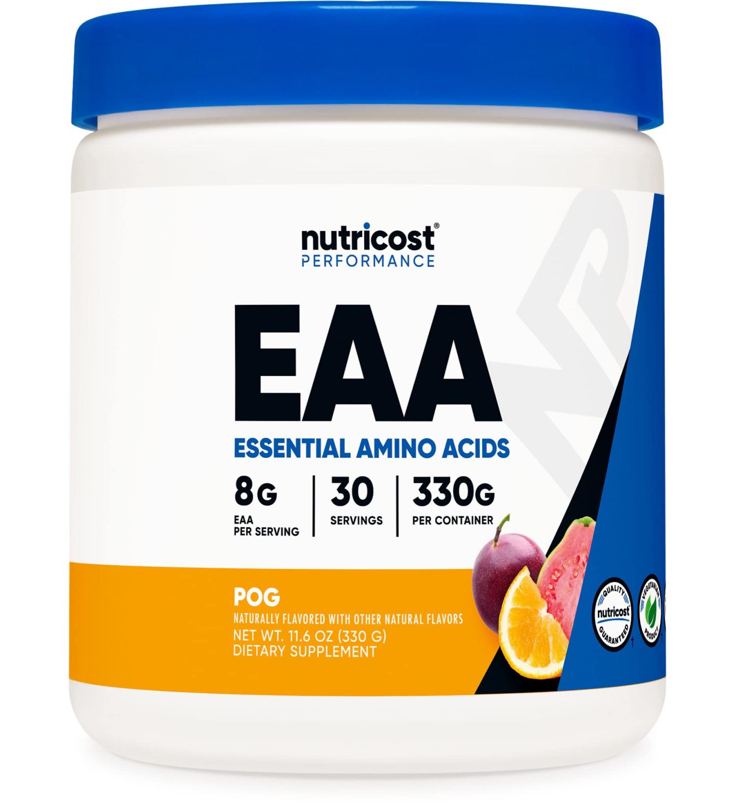 Nutricost EAA Powder 30 Servings - Passion Fruit Orange and Guava - Essential Amino Acids - Non-GMO, Gluten Free & Vegetarian Friendly - Buy Online on GoSupps.com