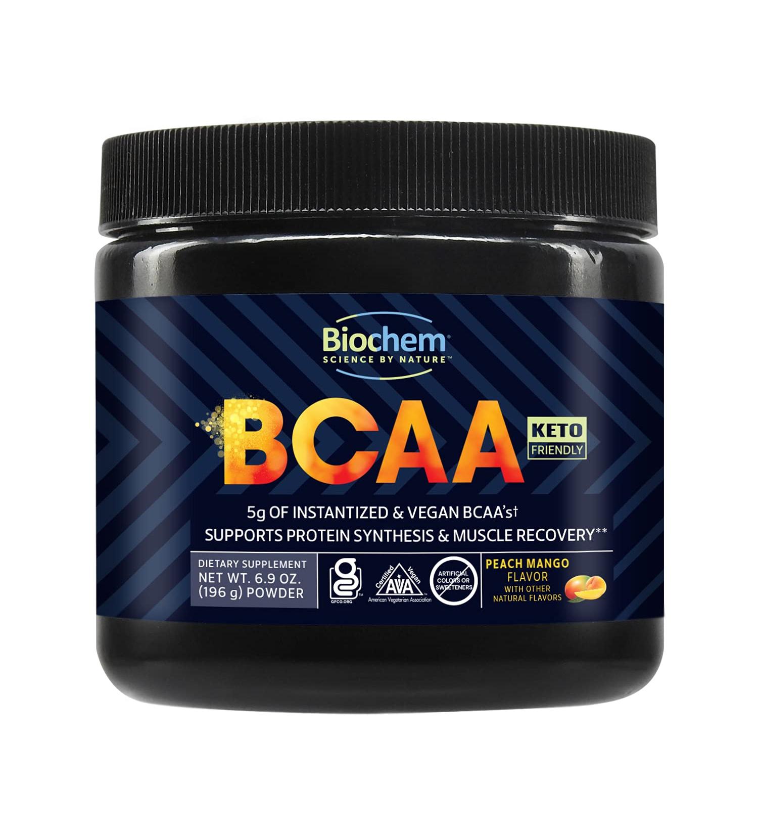 Biochem BCAA Powder Peach Mango 5g 30 Servings | Vegan Gluten Free Keto Instantized 2:1:1 BCAA Supplement for Muscle Recovery Protein Synthesis & Hydration | Electrolyte Amino Acid Powder - Buy Online on GoSupps.com