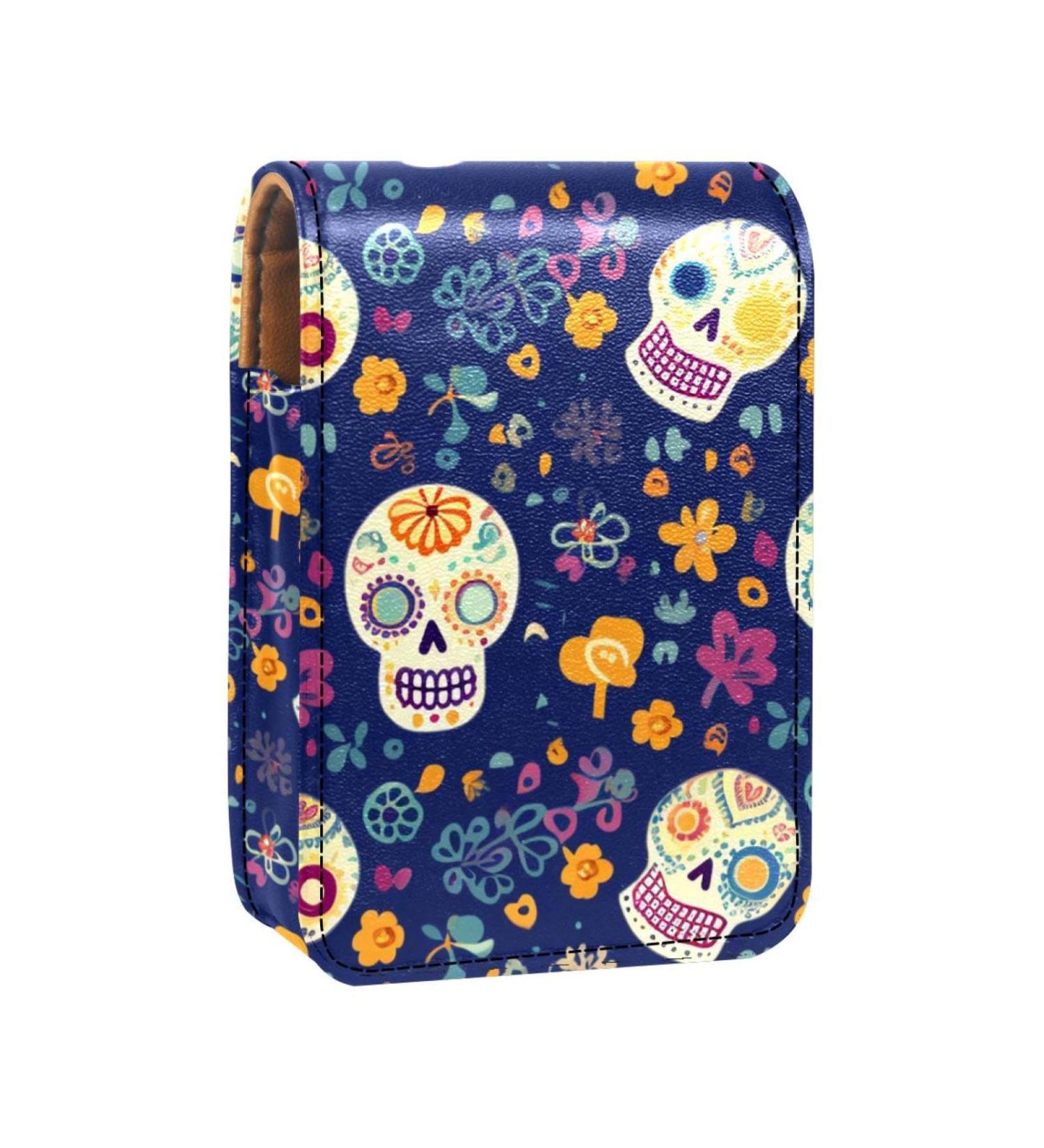 Travel Lipstick Organizer Case | Portable Makeup Bag with Mirror | Floral Sugar Skull Design - Buy Online on GoSupps.com