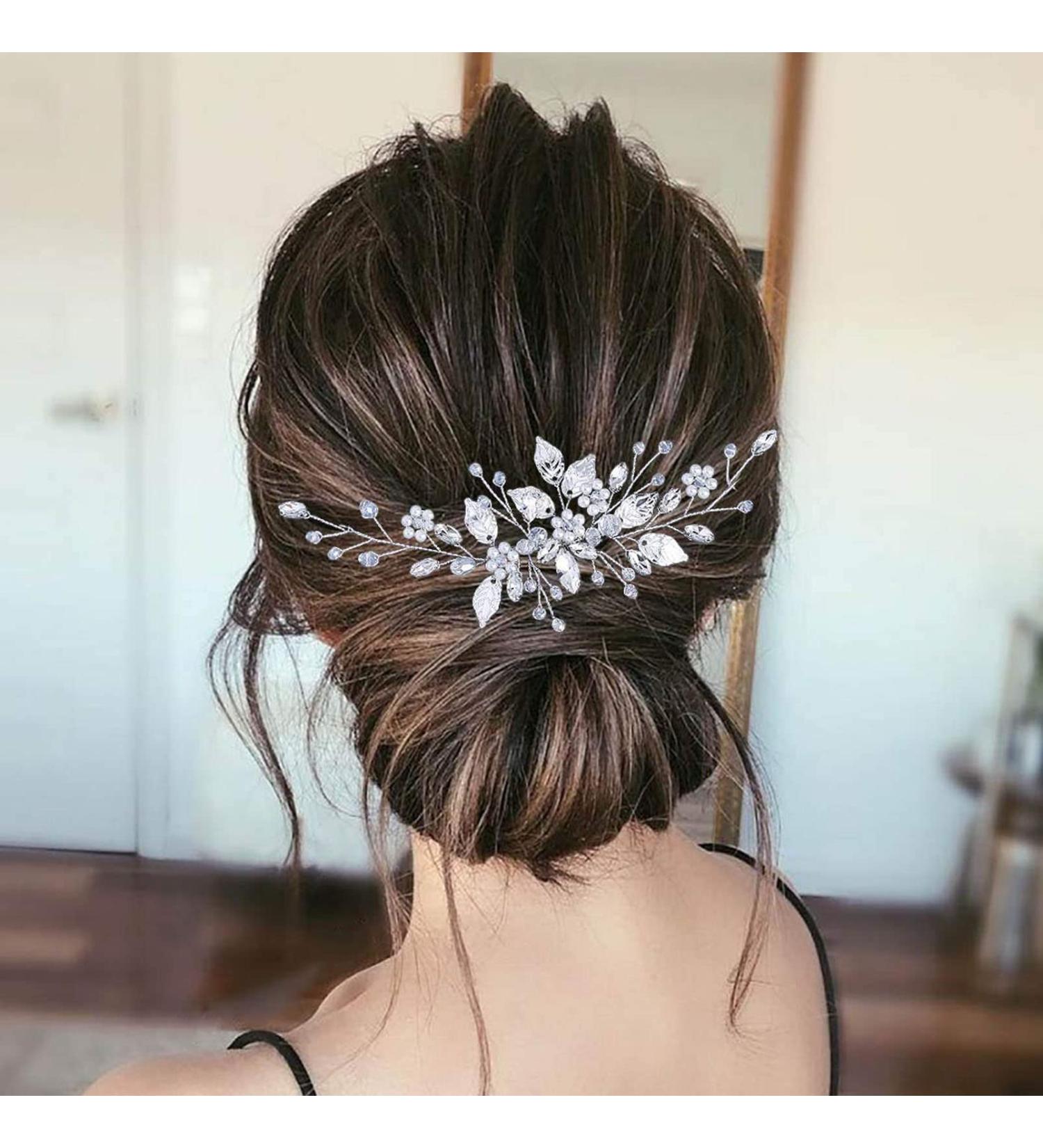 Bride Wedding Hair Comb Pearl Flower Hair Piece Bridal Crystal Leaf Hair Vine Comb Wedding Hair Accessories for Women Girls Bridemaid silver - Buy Online on GoSupps.com