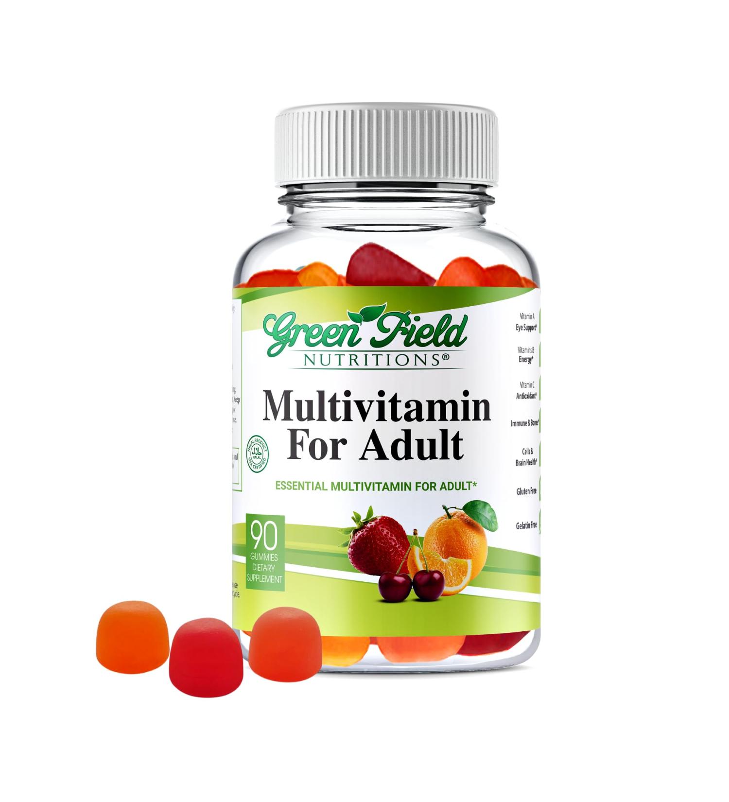 Greenfield Nutritions Halal Multivitamins for Adults | 90 Halal Vitamins for Women & Men | All Essential Gelatin Free Halal Gummy Vitamin Mineral Folic Acid Biotin Gluten Free Non-GMO Vegetarian - Buy Online on GoSupps.com