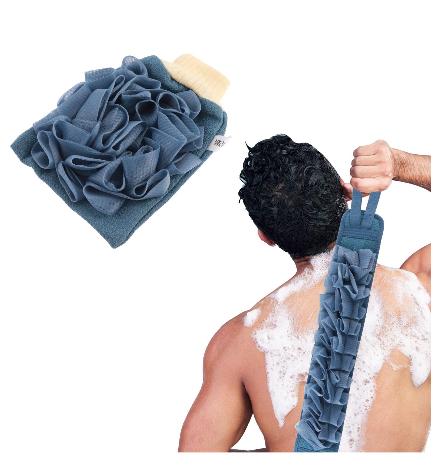 WLLHYF Exfoliating Back Scrubber for Shower - 2 in 1 Natural Loofah Body Scrub | Deep Clean Skin Bath Towel | Shower Back Washer for Men Women | Navy Blue - Buy Online on GoSupps.com