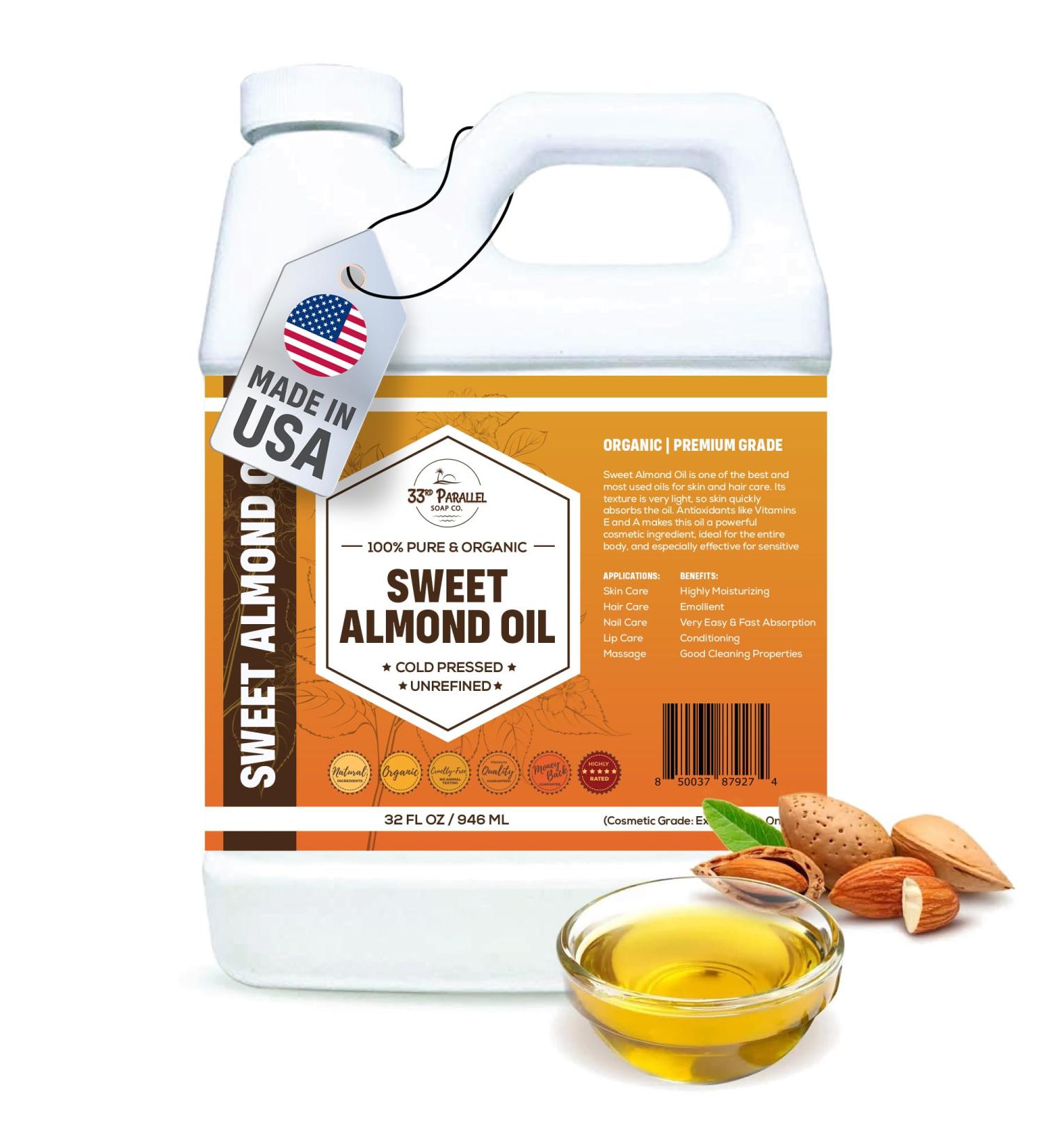 ORGANIC SWEET ALMOND OIL (32 oz) Premium Cold Pressed Unrefined | 100% Pure Sweet Almond Oil for Skin Face Hair Soap Making | Carrier for Essential Oils | Available in Bulk | 32 FL OZ - Buy Online on GoSupps.com