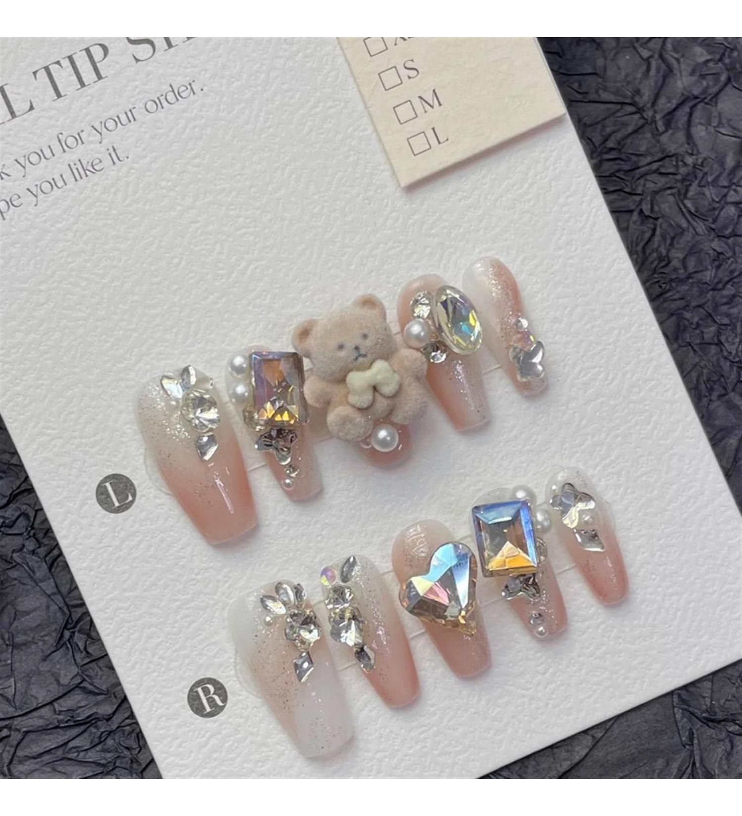Nails Nail Tips Nails Set Handmade Nails Press On 3D Bear Aurora Diamond Pearl Decor Luxury Long Coffin Wearable Full Cover Nail Tips(ZRXX M) - Buy Online on GoSupps.com