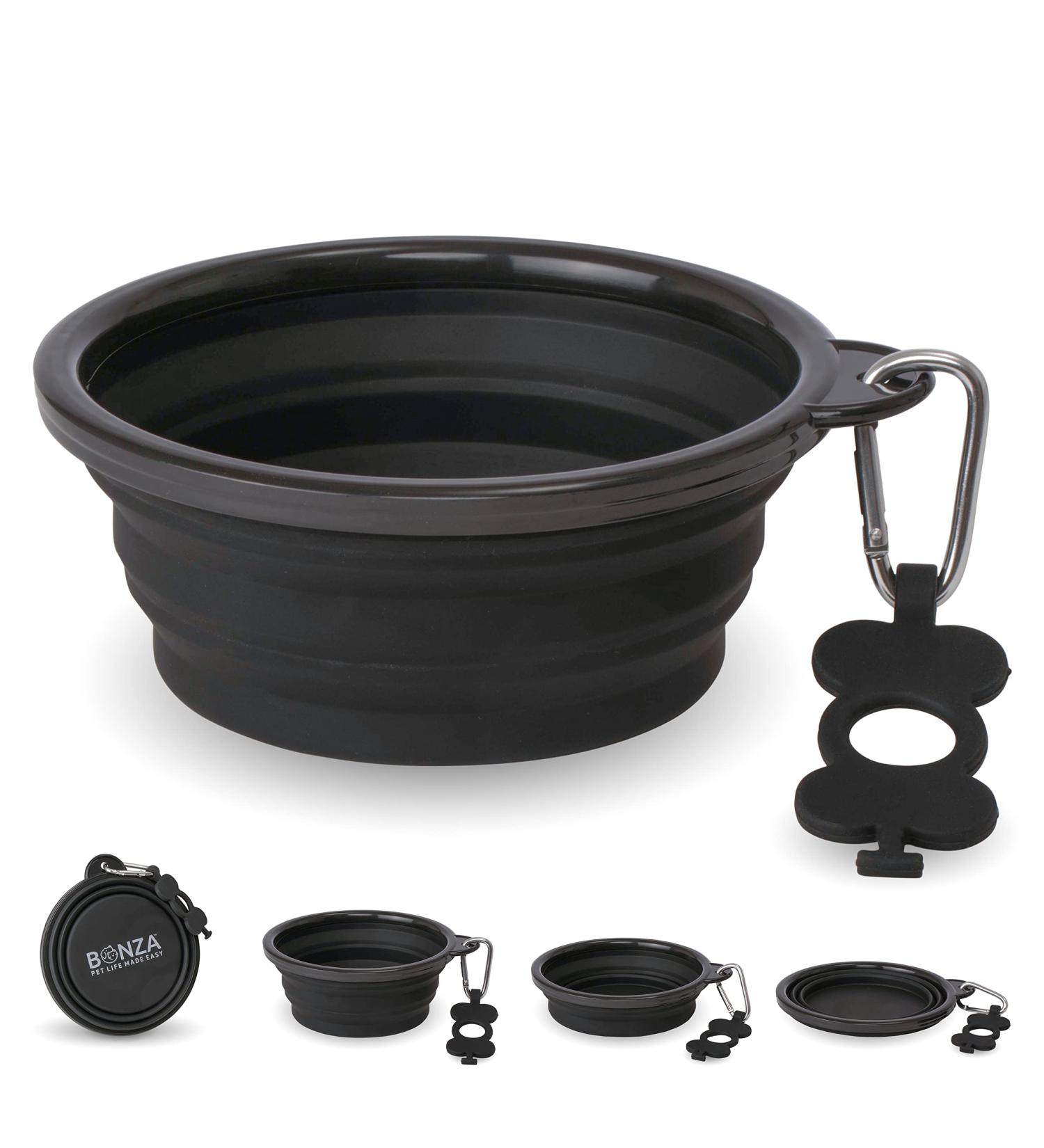 Bonza Large Foldable Dog Bowl 1000ml | Reinforced Edge | Includes Carabiner & Water Bottle Holder | Black | Perfect for Travel - Buy Online on GoSupps.com
