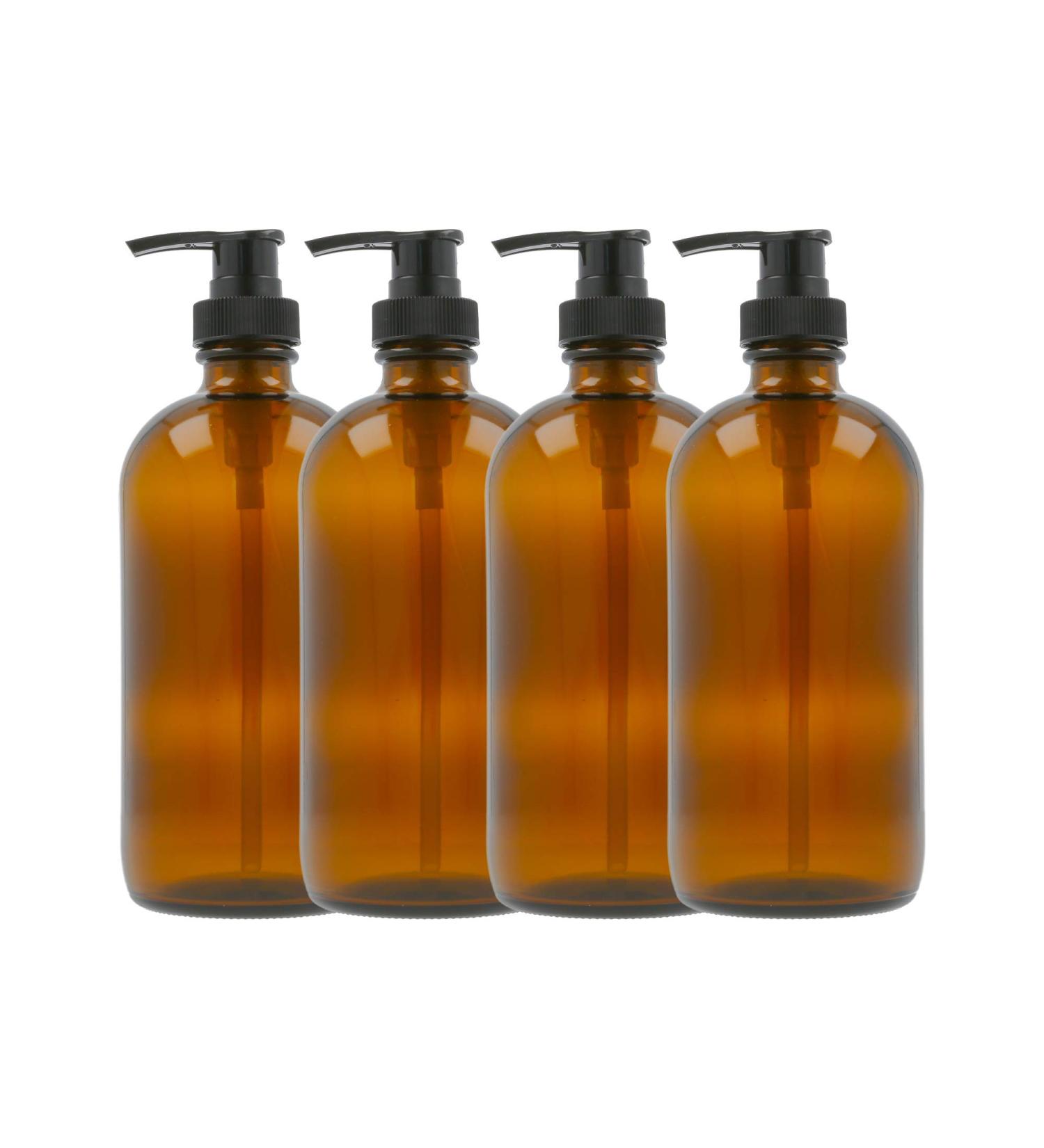 16oz Made in Germany Refillable Boston Round Amber Glass Bottles with Locking Pump Dispensers for Hand Soap, Shampoo, Conditioner, Lotions, Body Wash (Pack of 4) 16oz-Pack of 4