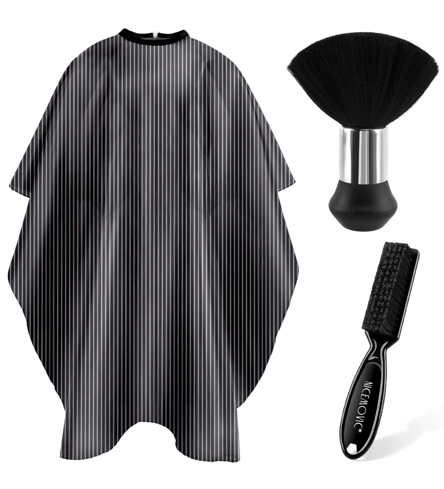 NICEMOVIC Hair Cutting Cape with Neck Duster & Barber Brush - Professional Salon Accessories for Haircut Styling (Black Stripe - Buy Online on GoSupps.com