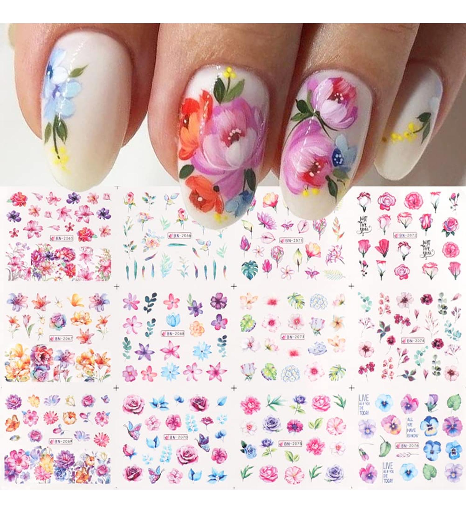 Floral Leaf Nail Stickers - 12 Sheets, Blooming Flowers Water Transfer Decals for Spring and Summer Nail Art - DIY Manicure Accessories for Women and Girls - Buy Online on GoSupps.com