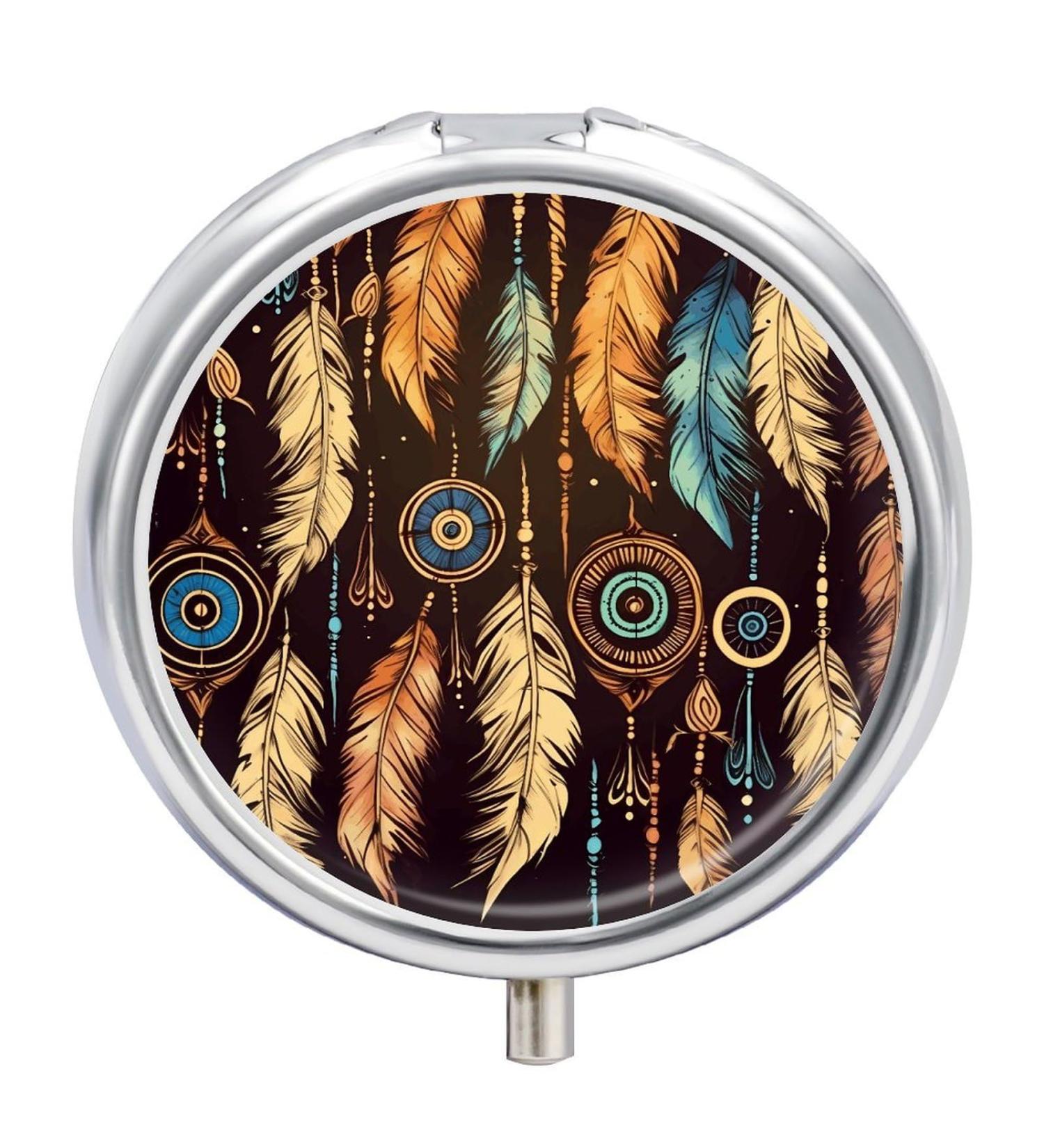 Vintage Tribal Feather Pill Box - Portable 3 Compartment Travel Pill Organizer for Purse & Pocket - Buy Online on GoSupps.com