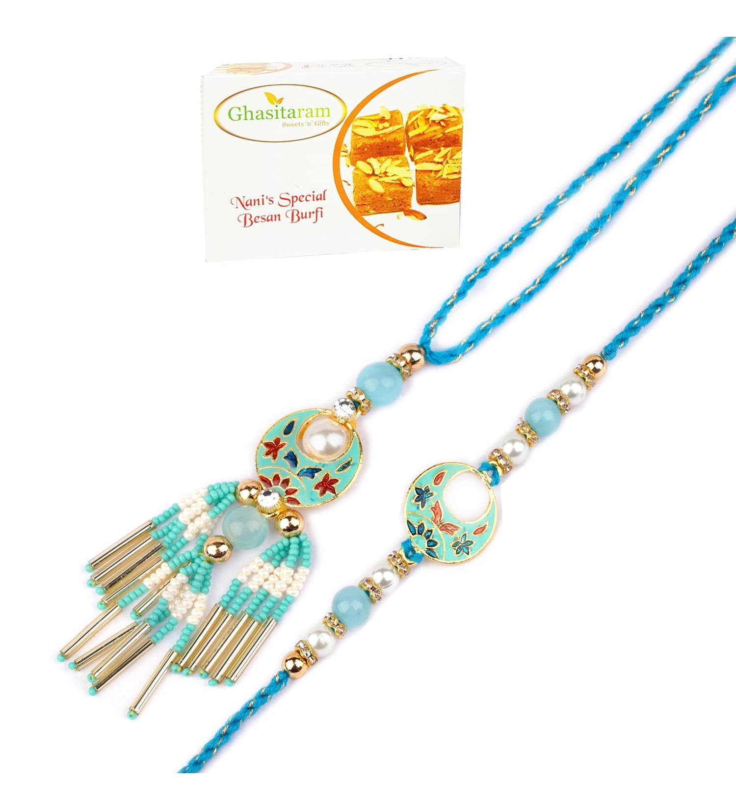 Ghasitaram Gifts Rakhis Online - Rakhi for Brother- RM-211 Bhaiya Bhabhi Rakhi with 400 GMS of Besan Barfi Rakhi Set with 400 gms of Besan Barfi - Buy Online on GoSupps.com