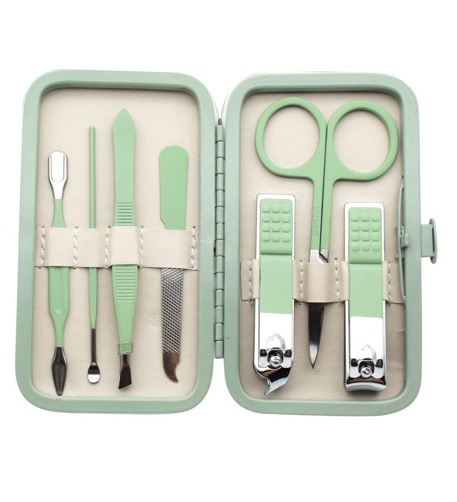 Stainless Steel 7PCS Manicure Set Nail Clippers Pedicure Kit - Professional Grooming Tools in Travel Leather Case - Green - Buy Online on GoSupps.com
