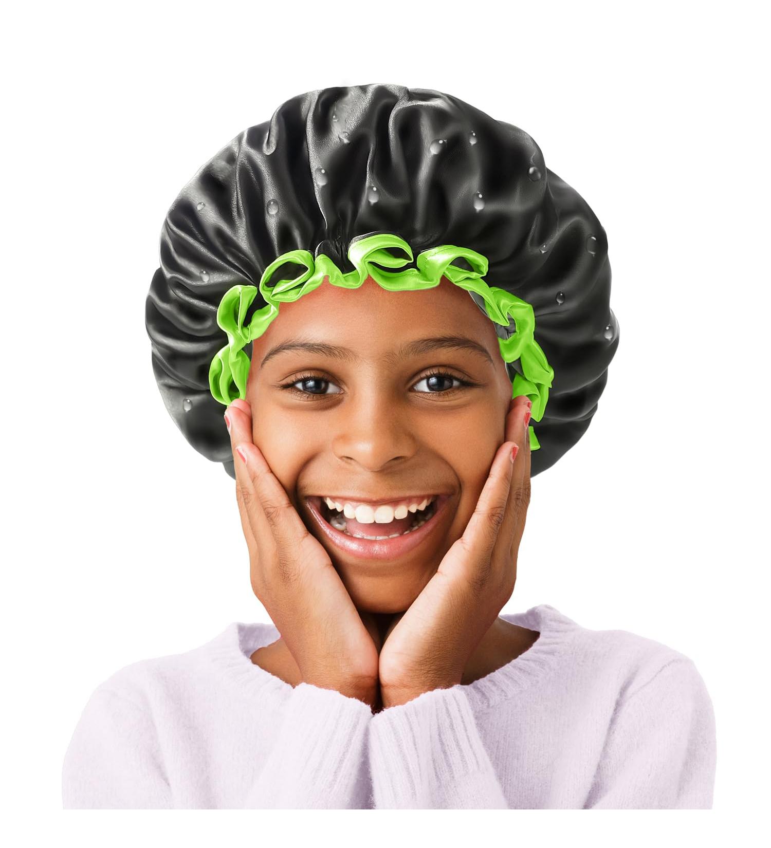 Mikimini Black Small Shower Cap for Kids - Double Layer Waterproof Bathing Hair Cap with Reusable PEVA Lining - Cute & Stretchy Shower Hat - Buy Online on GoSupps.com