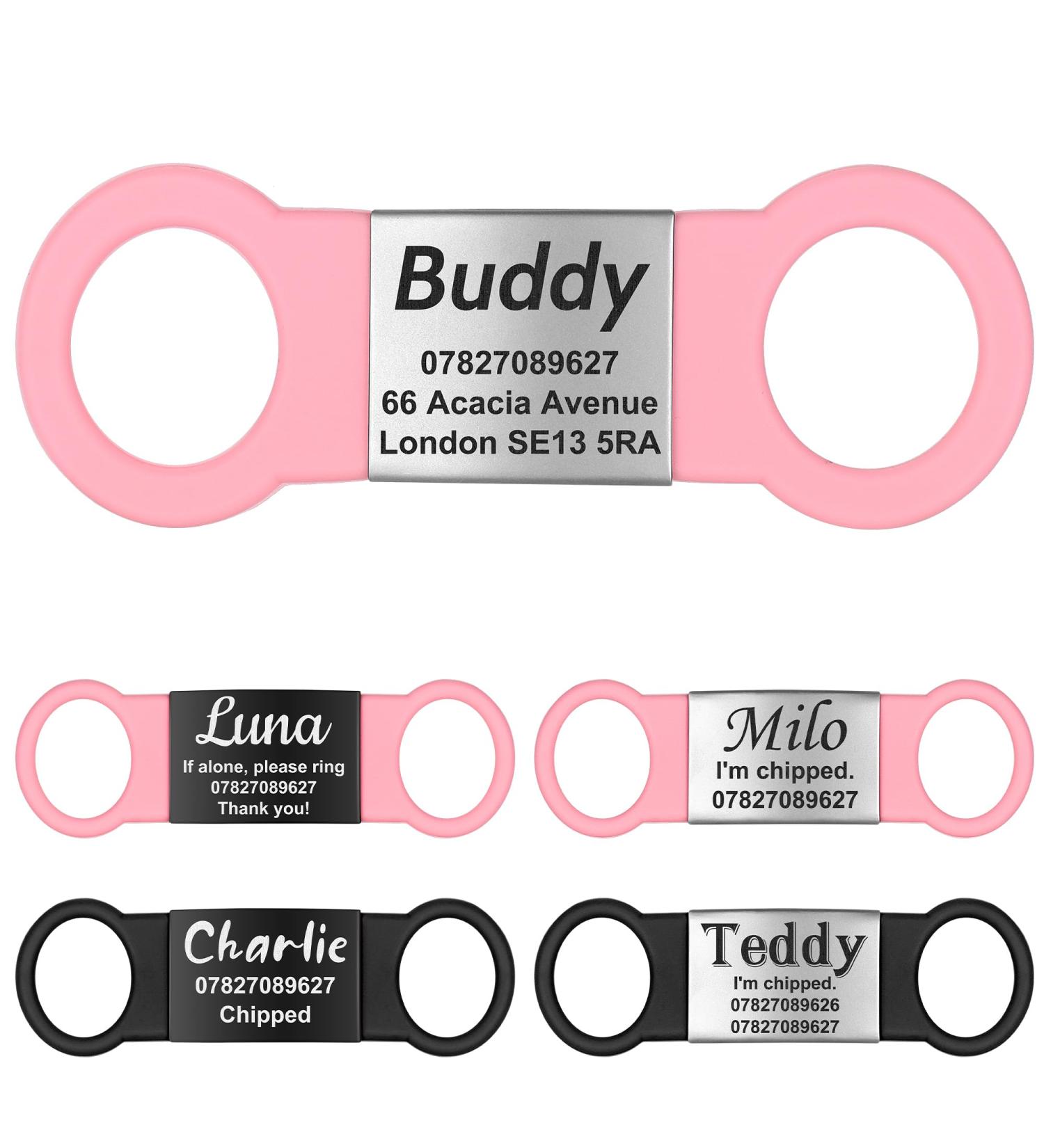 Personalized Gisurey Dog Tag - Engraved Silent Slide-on Stainless Steel Collar for Dogs & Cats - Durable & Easy to Read - Pink & Silver 2.0 cm Width - Buy Online on GoSupps.com
