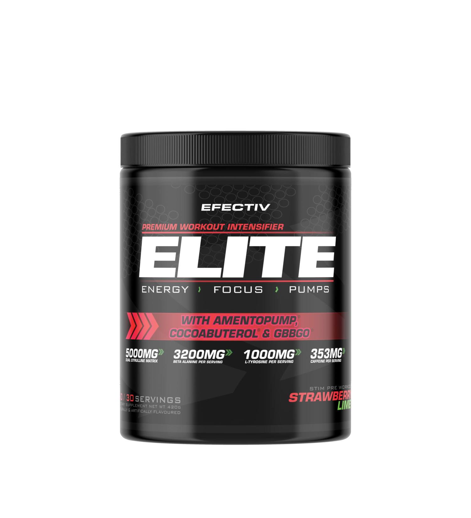 Efectiv Elite Pre Workout Intensifier - Enhanced Energy & Focus - Amentopump, Cocoabuterol & GBBGO - 420g (Strawberry Lime) - Buy Online on GoSupps.com