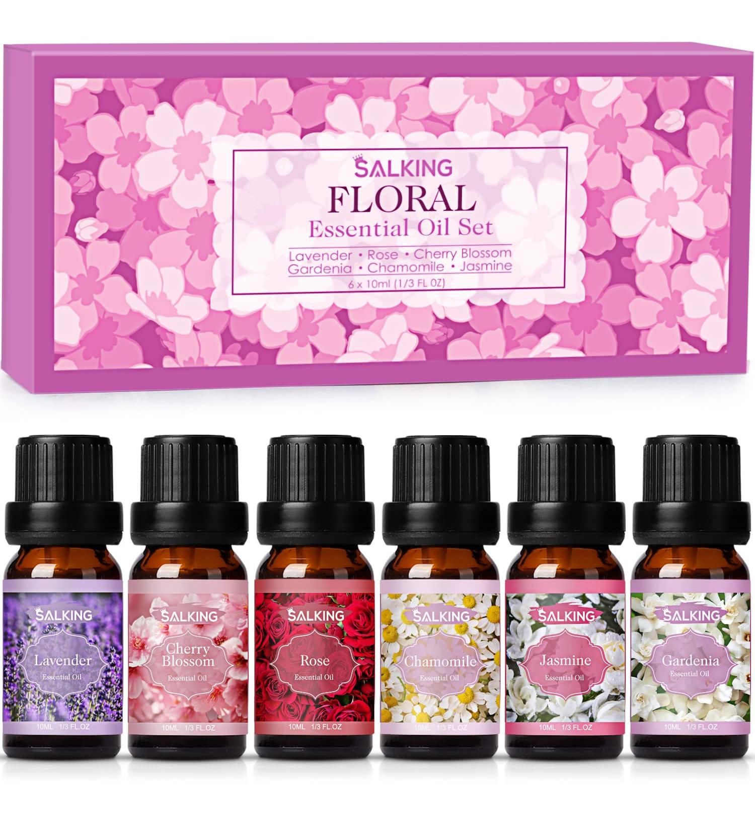 SALKING Essential Oils Set - 100% Pure Aromatherapy Gift for Diffusers - Lavender, Rose, Jasmine, Cherry Blossom, Gardenia, Chamomile - 6 x 10 ML - Buy Online on GoSupps.com