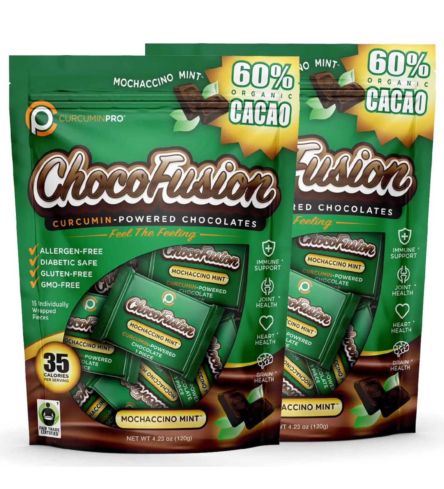 CurcuminPro ChocoFusion Moccachino Mint 2 Pack | The World's Only BioSoluble Curcumin | Made from Organic Turmeric | Vegan Allergen Free Sugar Free Keto Friendly Organic Non-GMO Chocolates - Buy Online on GoSupps.com