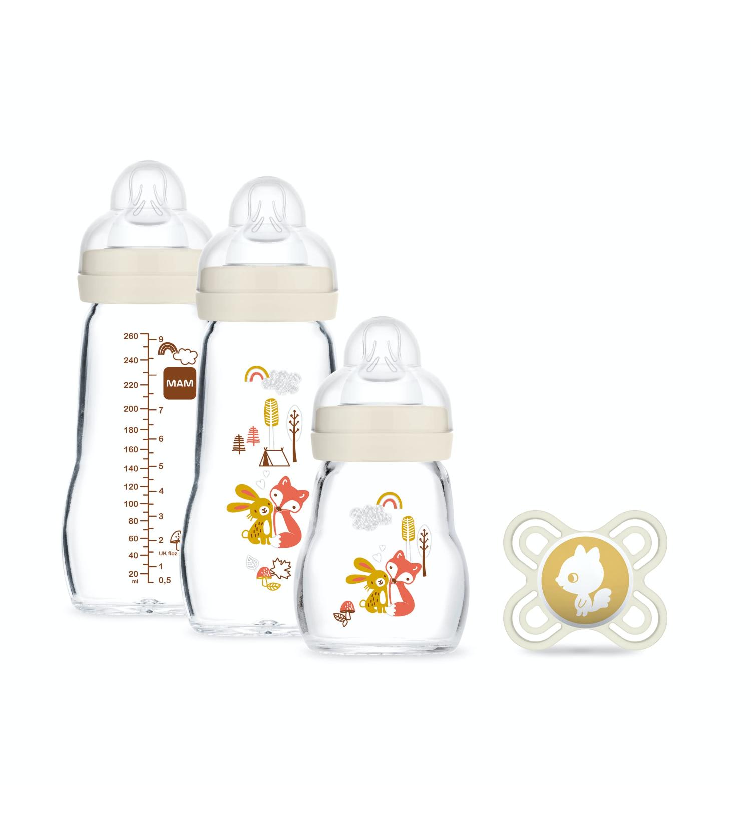 MAM Set (3 glass bottles + 1 lollipop) - Heat resistant - Glass bottle for babies from birth made of silicone
