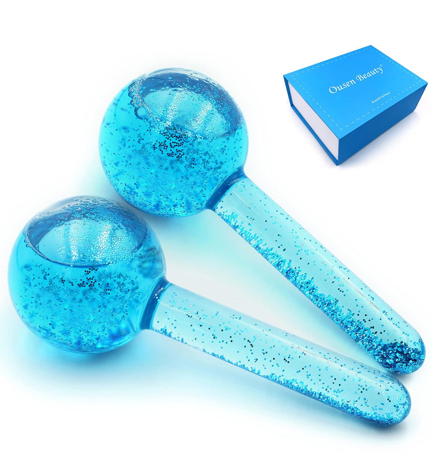 Quartz Glass Ice Roller 2Pcs Set for Hot Cold Therapy Skin Care - Reusable Ice Globes for Neck and Facial Massager - Reduces Redness and Inflammation - Promotes Blood Circulation - Blue - Buy Online on GoSupps.com