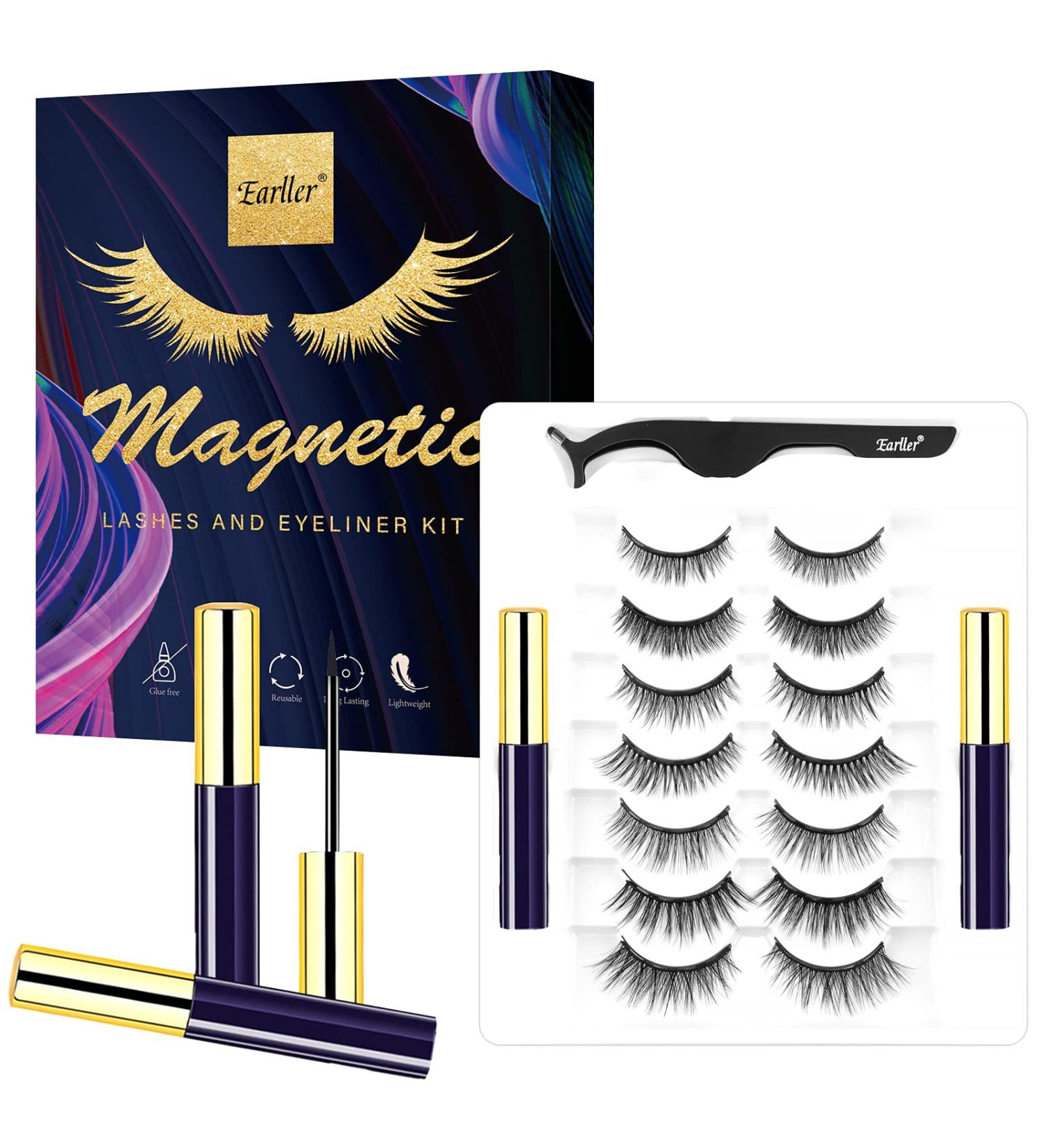 EARLLER Magnetic Eyelashes & Eyeliner Kit - 7 Pairs Natural Look False Lashes, Reusable 3D & 5D Set - No Glue, Easy Application - Buy Online on GoSupps.com