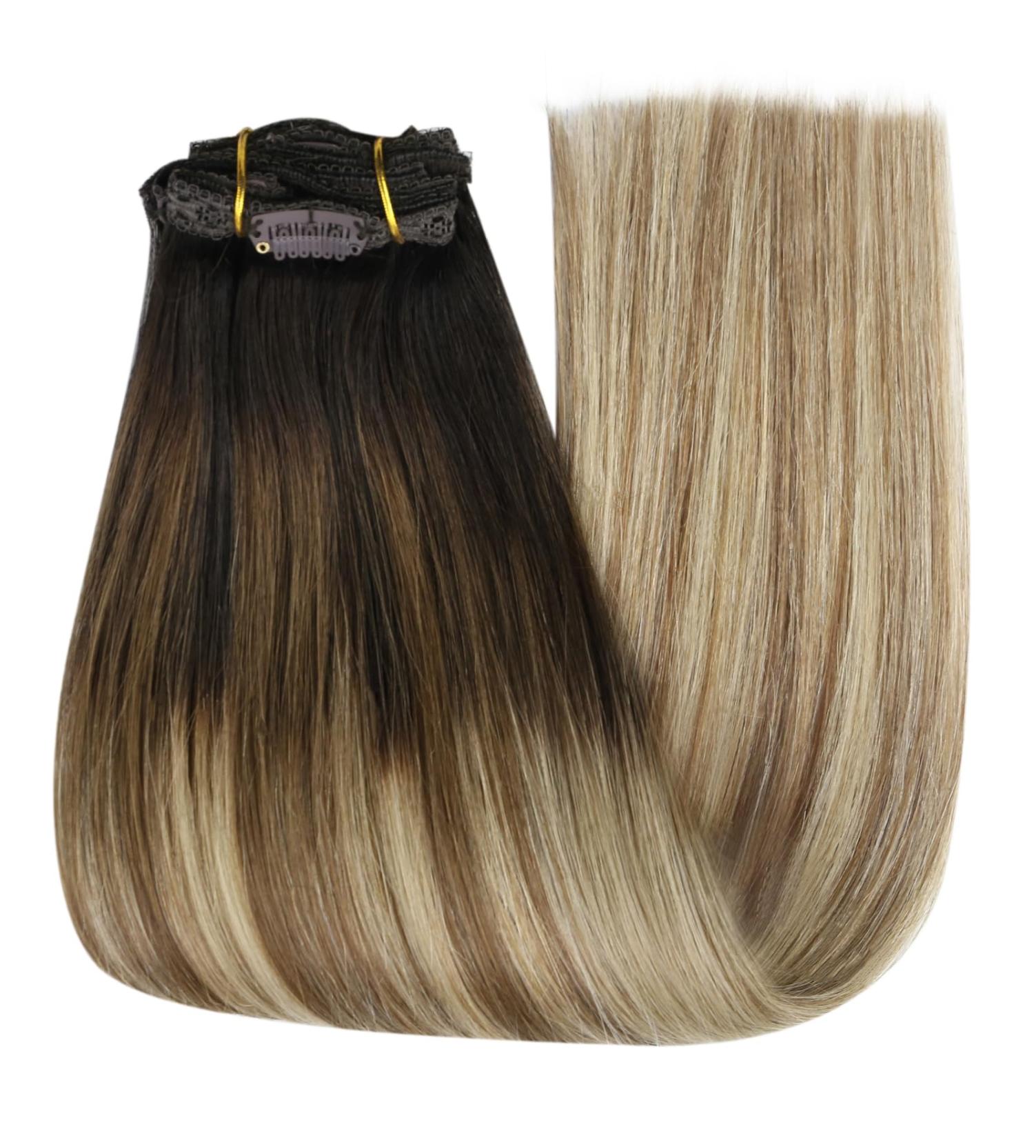 YoungSee Balayage Clip in Hair Extensions 14 Inch Hair Extensions Clip in Double Weft Dark Brown to Medium Brown with Blonde Clip in Human Hair Extensions Ombre 7 Pieces 120 Grams - Buy Online on GoSupps.com