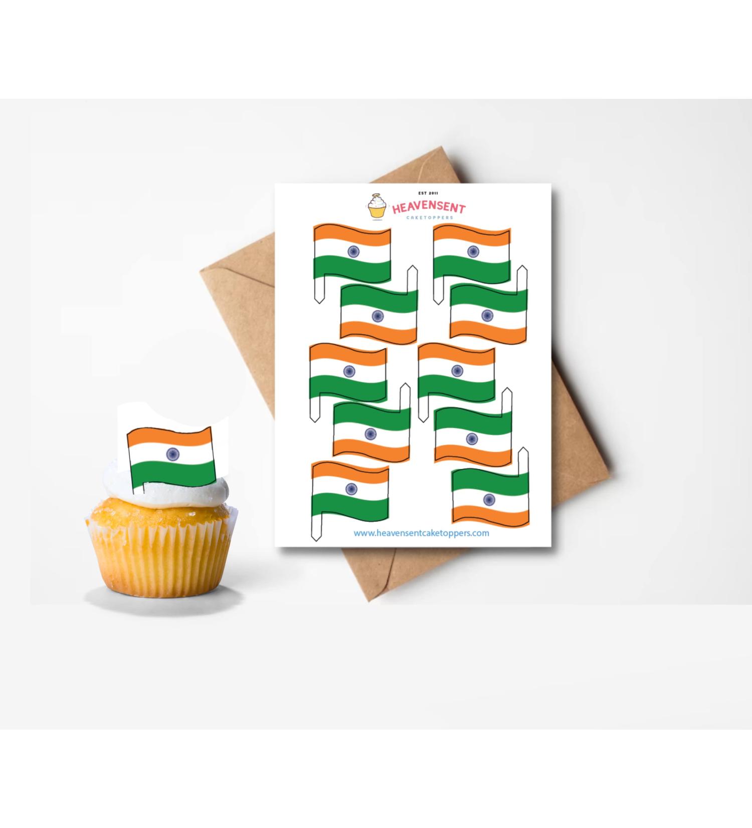 20x Pre-cut India Indian Flags Edible Thick Wafer Card Standing Cupcake Toppers Birthday Party Cake Decorations