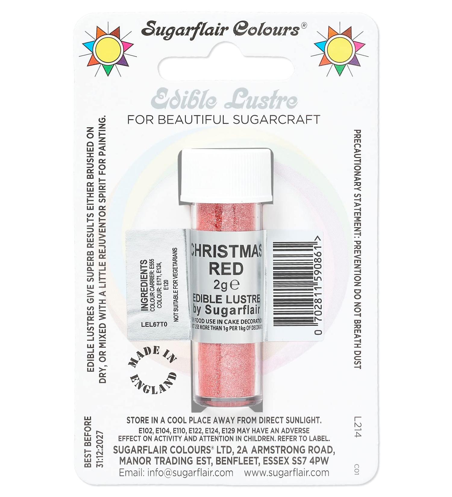 Sugarflair Christmas Red Edible Lustre Dust Add a Lustrous Shine to Cakes or Decorations. Brush On or Add Rejuvenator to Create Eye-Catching Edible Paint Gives Shine to Your Bakes - 2g