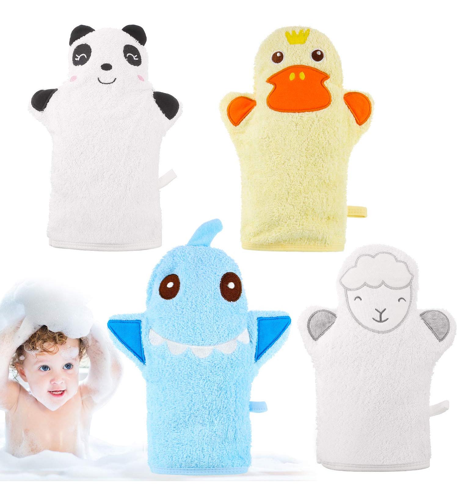 4 Pieces Baby Bath Gloves - Soft Animal Style Cotton Towels for Gentle Peeling - Duck Panda Sheep Design | Perfect for Baby Baths & Showers - Buy Online on GoSupps.com