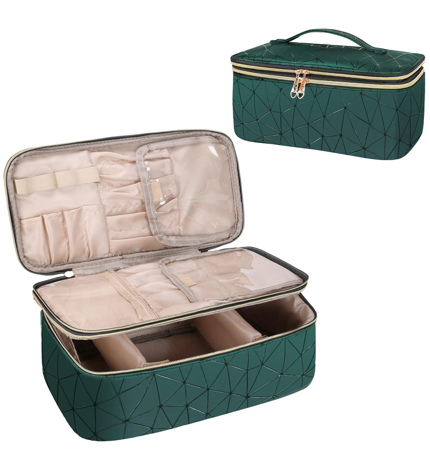 Dofilachy Double Layer Travel Makeup Case- Professional Organizer for Women | Portable Cosmetic Bag with Makeup Brush Holder (Green) - Buy Online on GoSupps.com