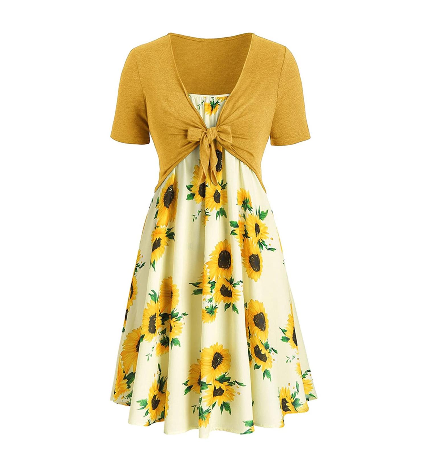 Ronony Ladies Fly Blouse Print Dress - Elegant Summer V-Neck Waist Dress - Medium-Long Beach Dress in Yellow (XL) - Loose & Leisurely - Buy Online on GoSupps.com
