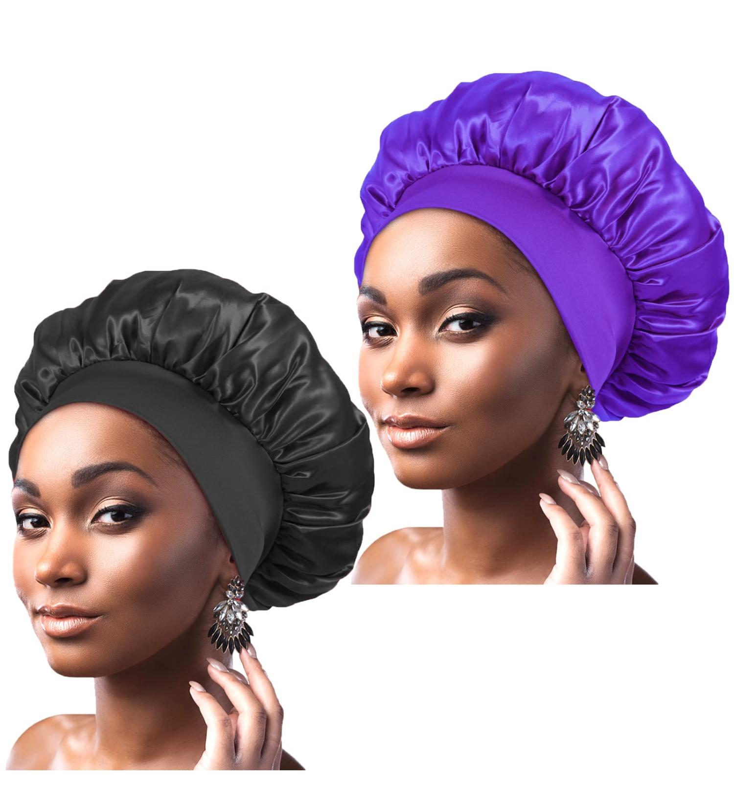 CAMOT 2Pcs Satin Bonnets for Sleeping - Silk Hair Bonnet for Women - Black+Purple Satin Sleep Cap for Curly Hair - Buy Online on GoSupps.com
