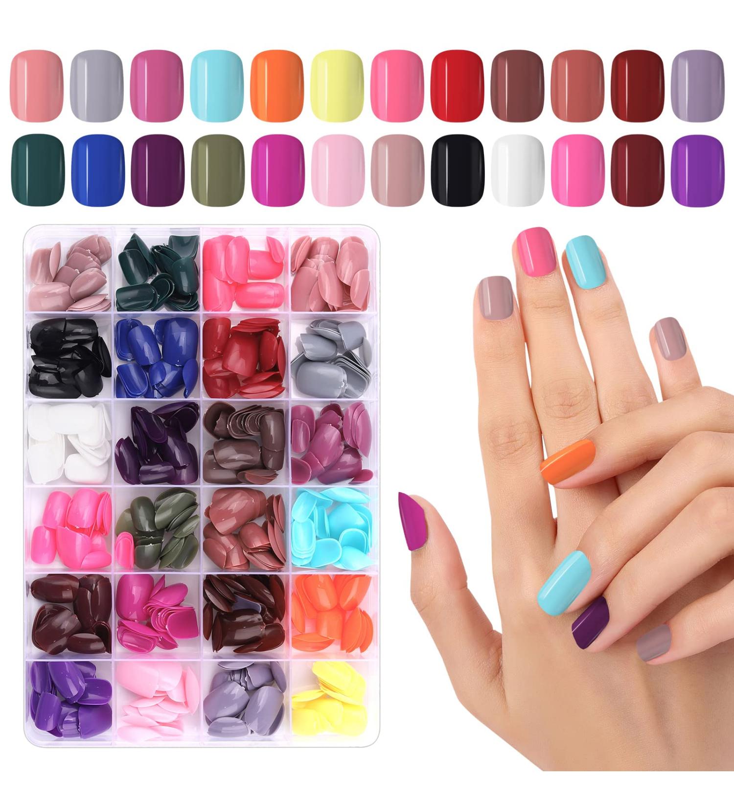 576 Count Colorful Short False Nails Round EBANKU | Full Cover Artificial Acrylic Tips for Women Girls | DIY Nail Art (24 Colors) - Buy Online on GoSupps.com