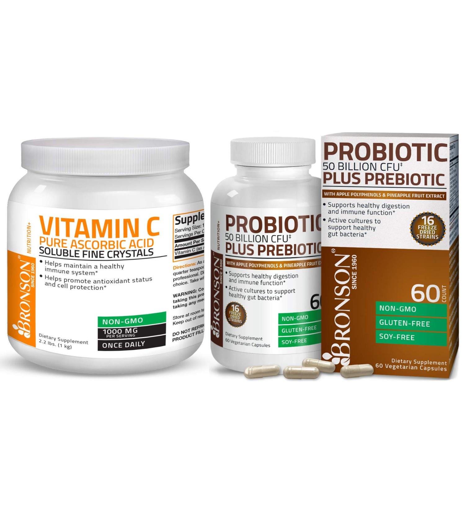 Bronson Probiotic 50 Billion CFU + Prebiotic with Apple Polyphenols & Pineapple Fruit Extract Vitamin C Powder Pure Ascorbic Acid Soluble Fine Non GMO Crystals - Buy Online on GoSupps.com