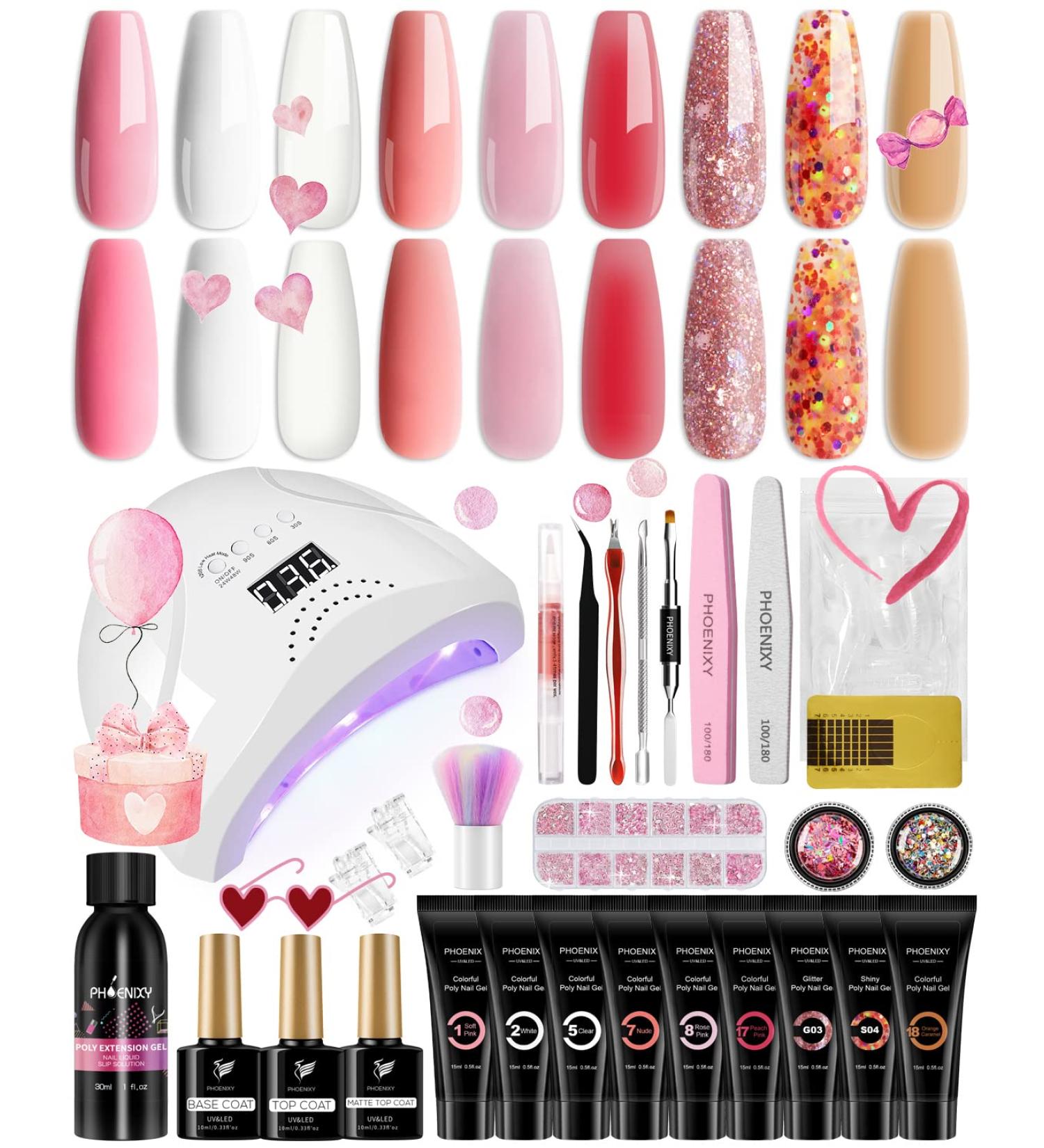 Phoenixy Poly Nail Gel Kit - 9 Colors Extension Gel Starter Kit with 48W UV LED Lamp - Manicure Tools Gift for Women - Buy Online on GoSupps.com