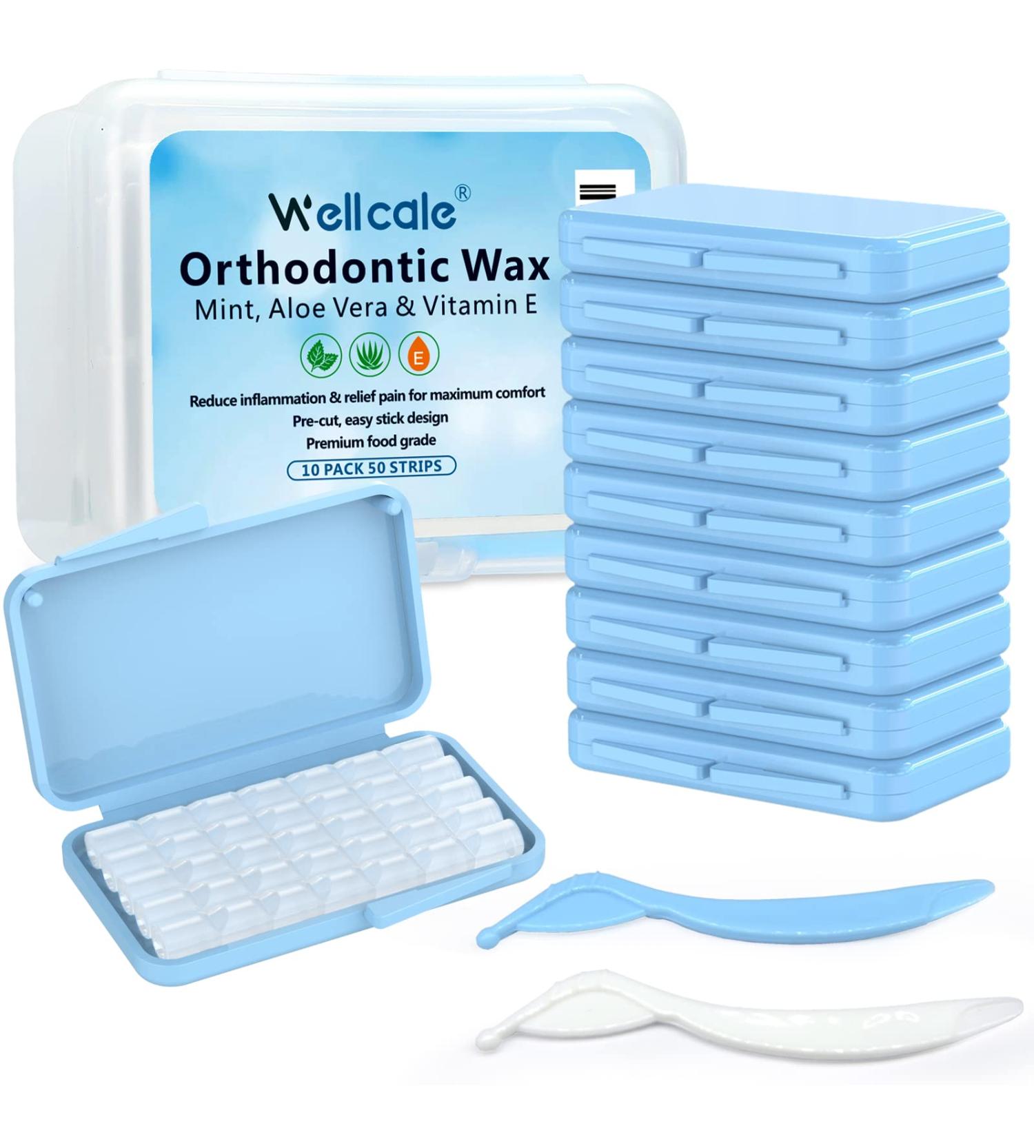 Braces Wax 10 Pack with 50 Precut Wax Strips - Food-Grade Dental Wax for Braces & Aligners - Mint+Aloe Vera+Vitamin E - Stick Better - Includes Storage Box & Applicator Tools - Buy Online on GoSupps.com