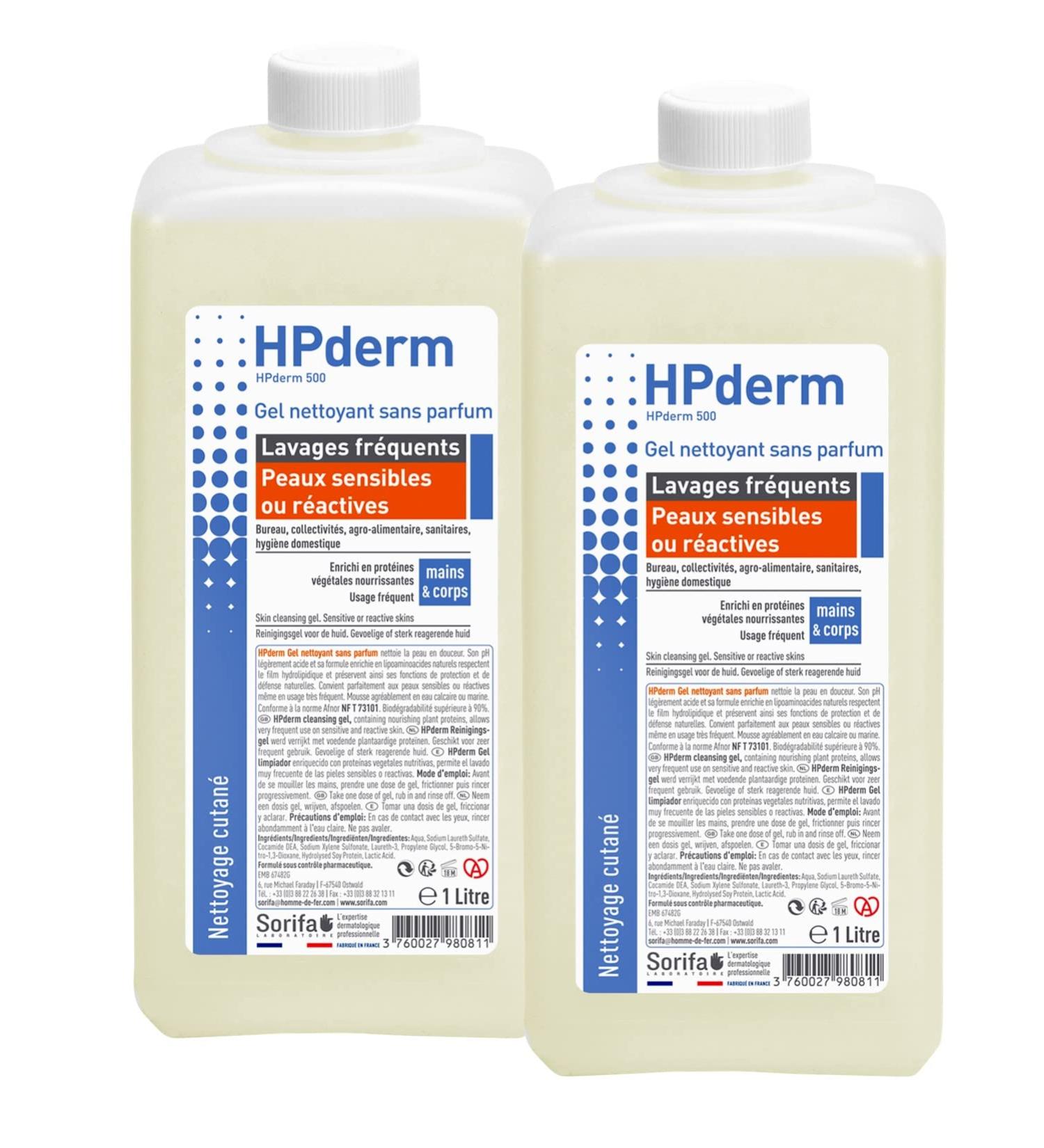  SORIFA Pack of 2 - HPderm Fragrance-Free Cleansing Gel - Frequent Washing - Sensitive or Reactive Skin - Hands and Body - With Protective Soy Proteins - pH Neutral Soap-Free - 1L Bottle - Buy Online on GoSupps.com