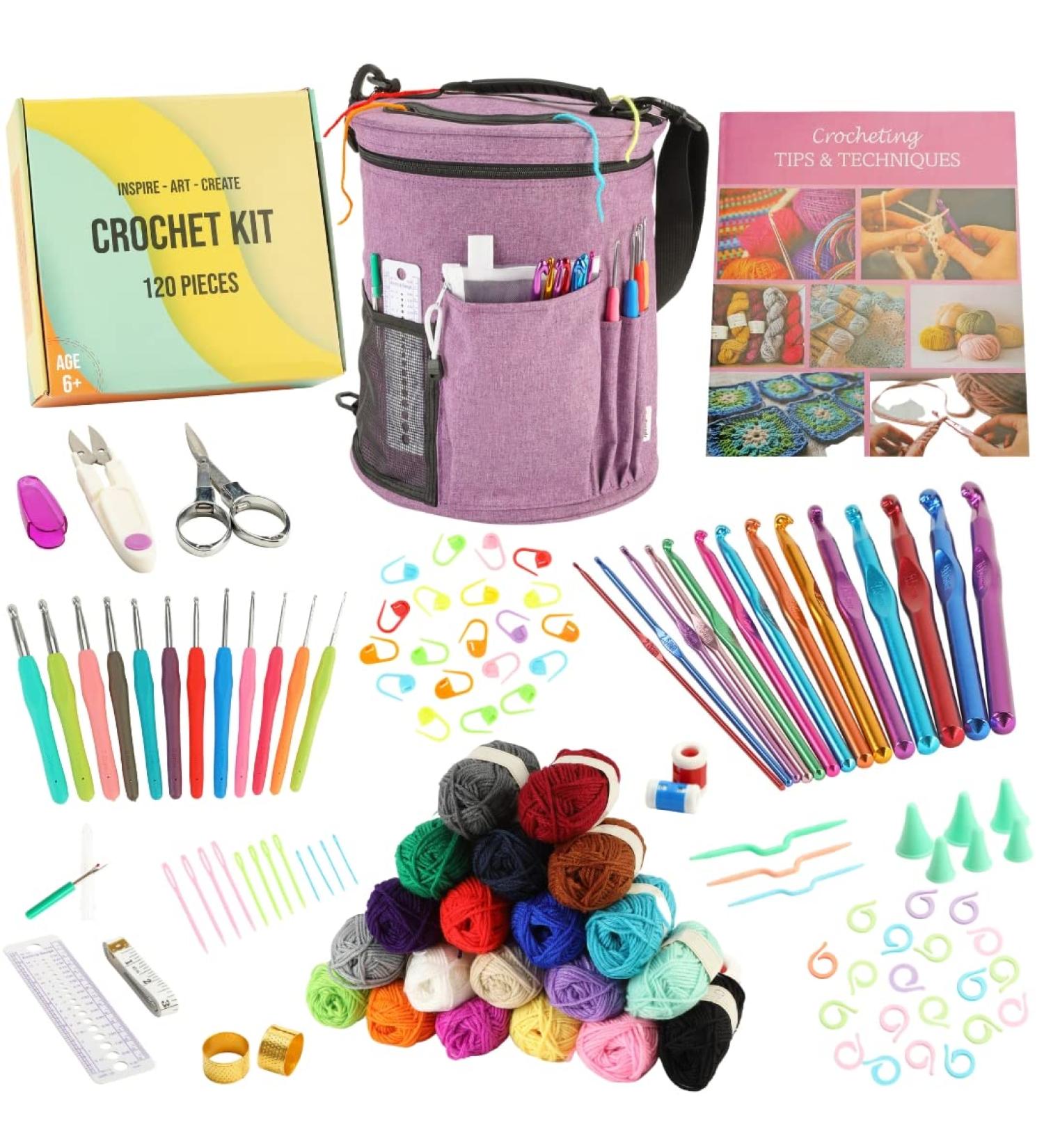 Premium 120pc Crochet Kit for Beginners - Yarn, Hooks, Tools, Storage Bag, Scissors - Purple - Kids & Adults - Buy Online on GoSupps.com
