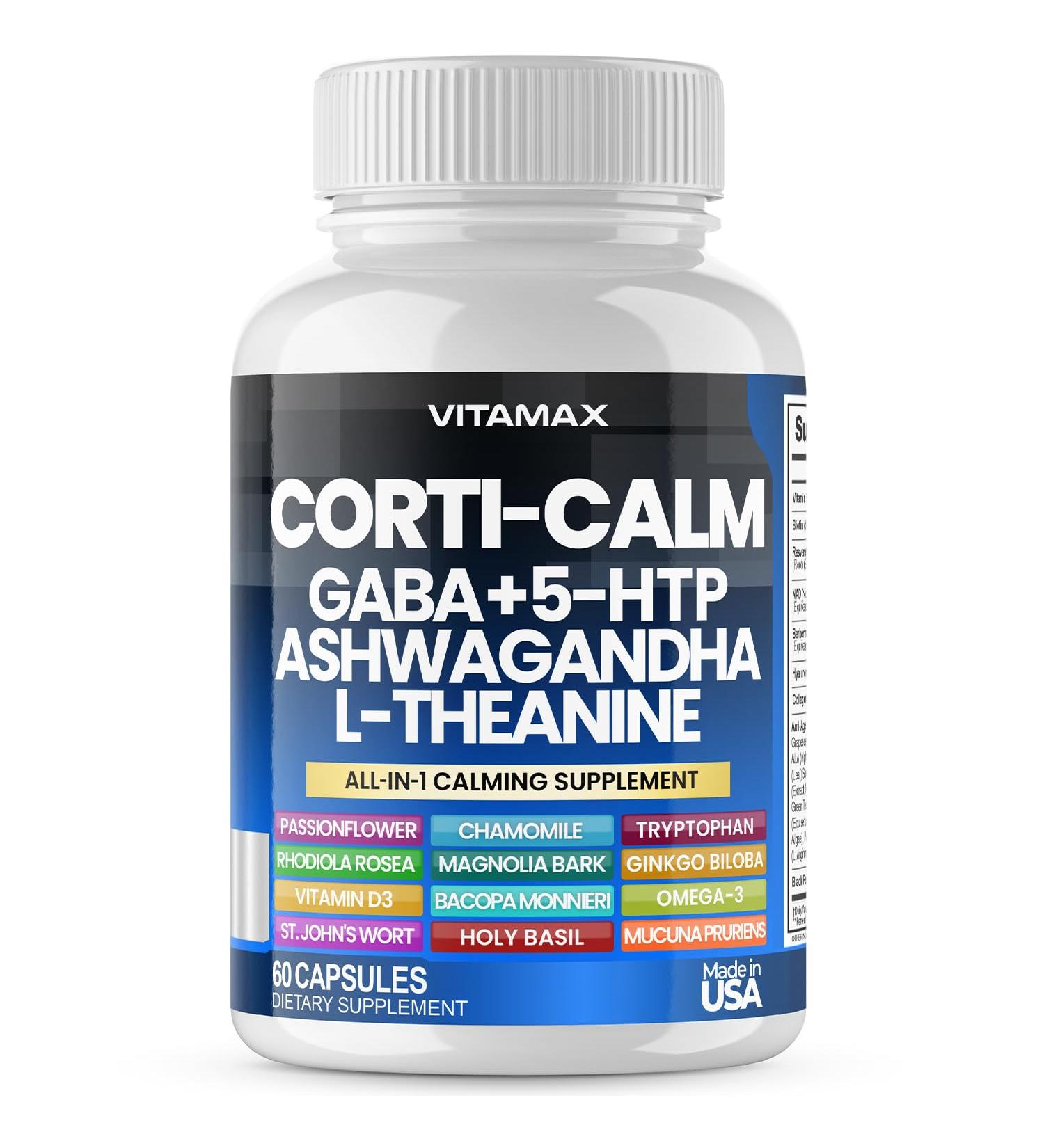 Corti-Calm Cortisol Supplement L Theanine Ashwagandha Vitamin D 3 GABA for Relaxation Fatigue & Focus with Ginkgo Biloba Bacopa Monnieri 5-HTP Non-GMO Made in USA 60ct - Buy Online on GoSupps.com