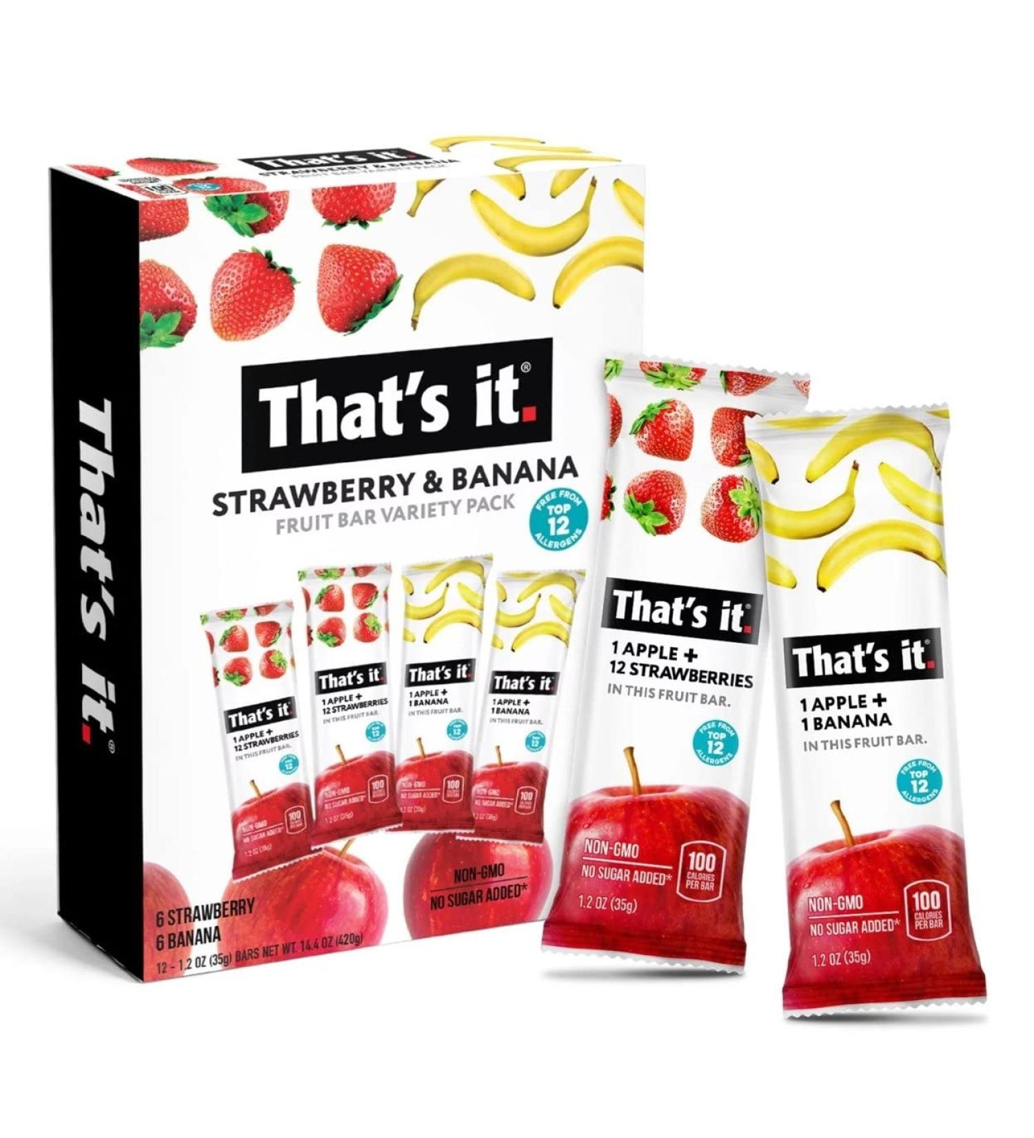 That's it Banana + Apple & Strawberry + Apple 100% Natural Real Fruit Bar, Best High Fiber Vegan, Gluten Free Healthy Snack, Paleo for Children & Adults, Non GMO No Sugar Added, No Preservatives Energy Food (12 Pack) Apple + Strawberry / Apple + Banana