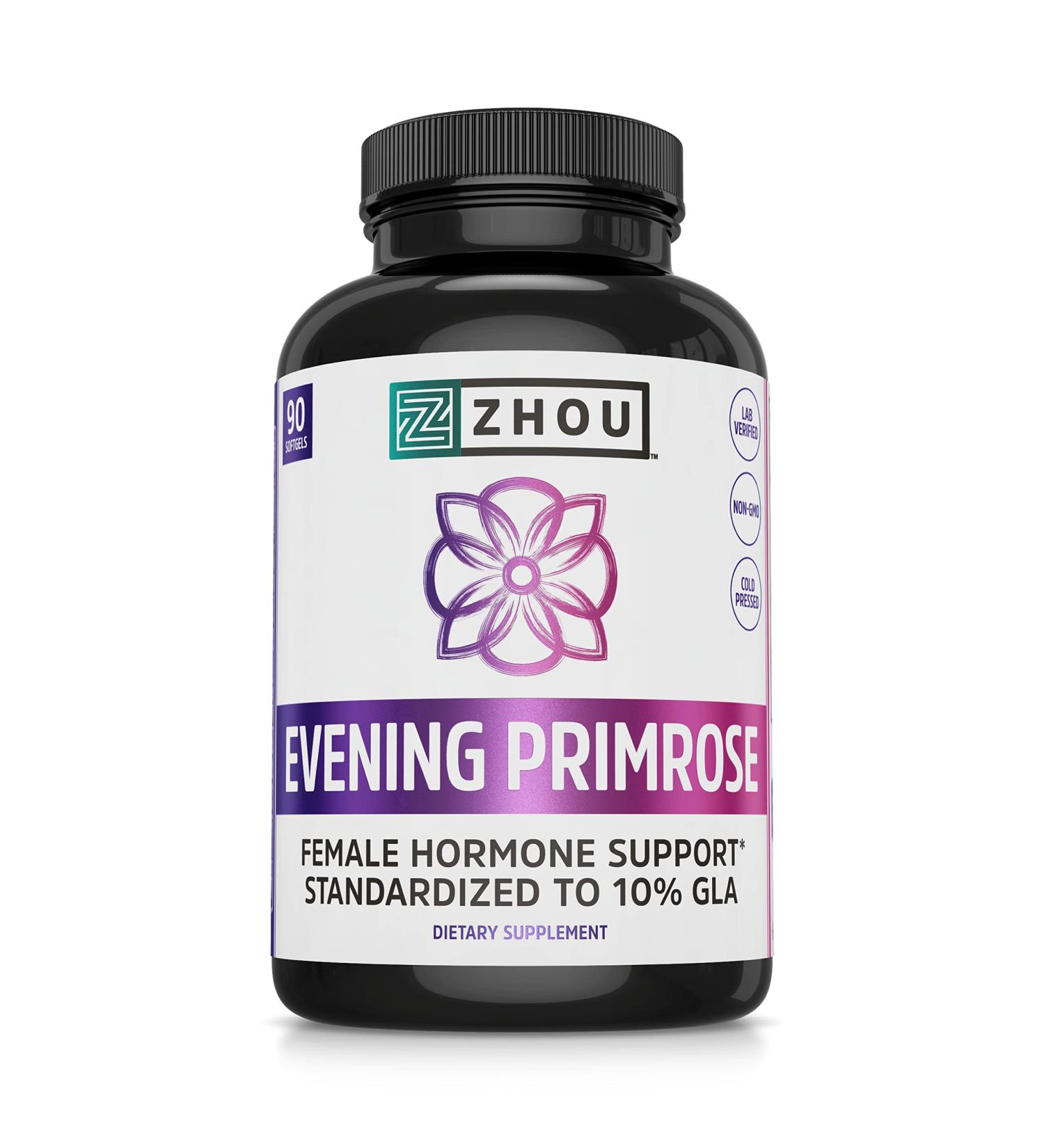 Zhou Evening Primrose Oil Capsules - Hormone Balance, PMS & Menopause Support - Cold Pressed, Lab Verified - 1300mg, 10% GLA - 90 Servings - Buy Online on GoSupps.com