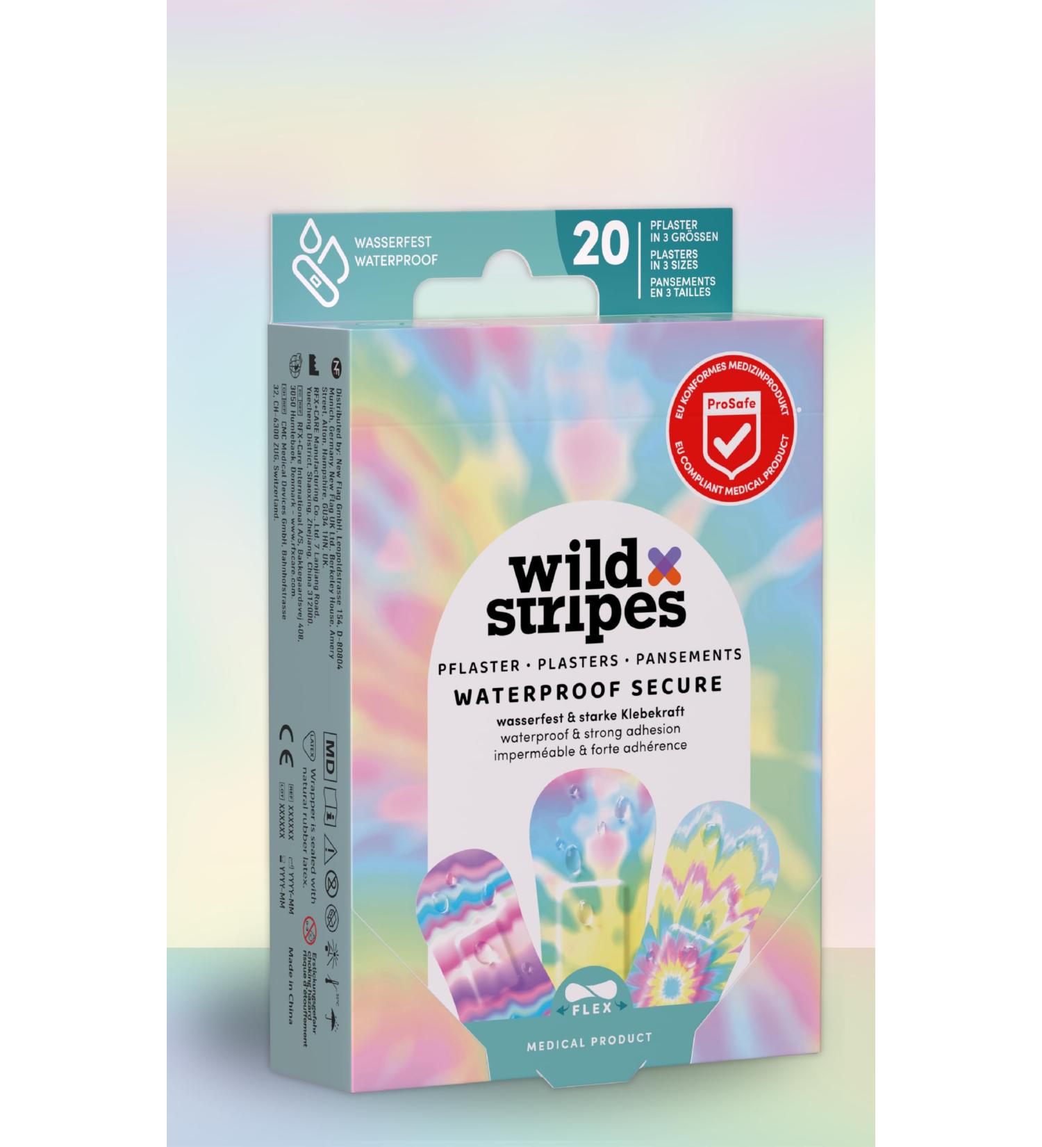 Wild Stripes Waterproof Plaster Set - 20 Hypoallergenic Strong Finger & Shower Bandages for Wounds - Extra Secure Rainbow Design - Buy Online on GoSupps.com