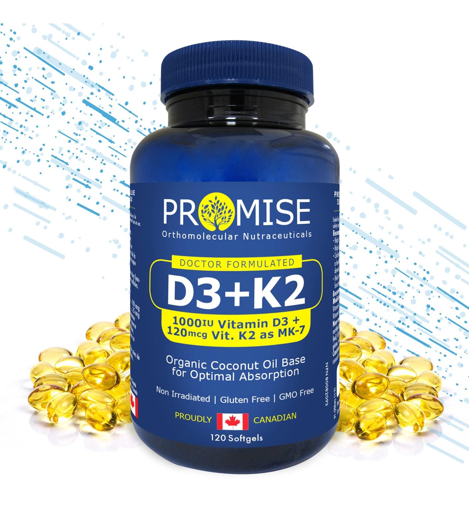 Promise Vitamin D3+K2 MK7 with Organic Coconut Oil 120 Soft gels. Bone Joint and Heart Health Rapid Immune Support- non-GMO- Made In Canada - Buy Online on GoSupps.com