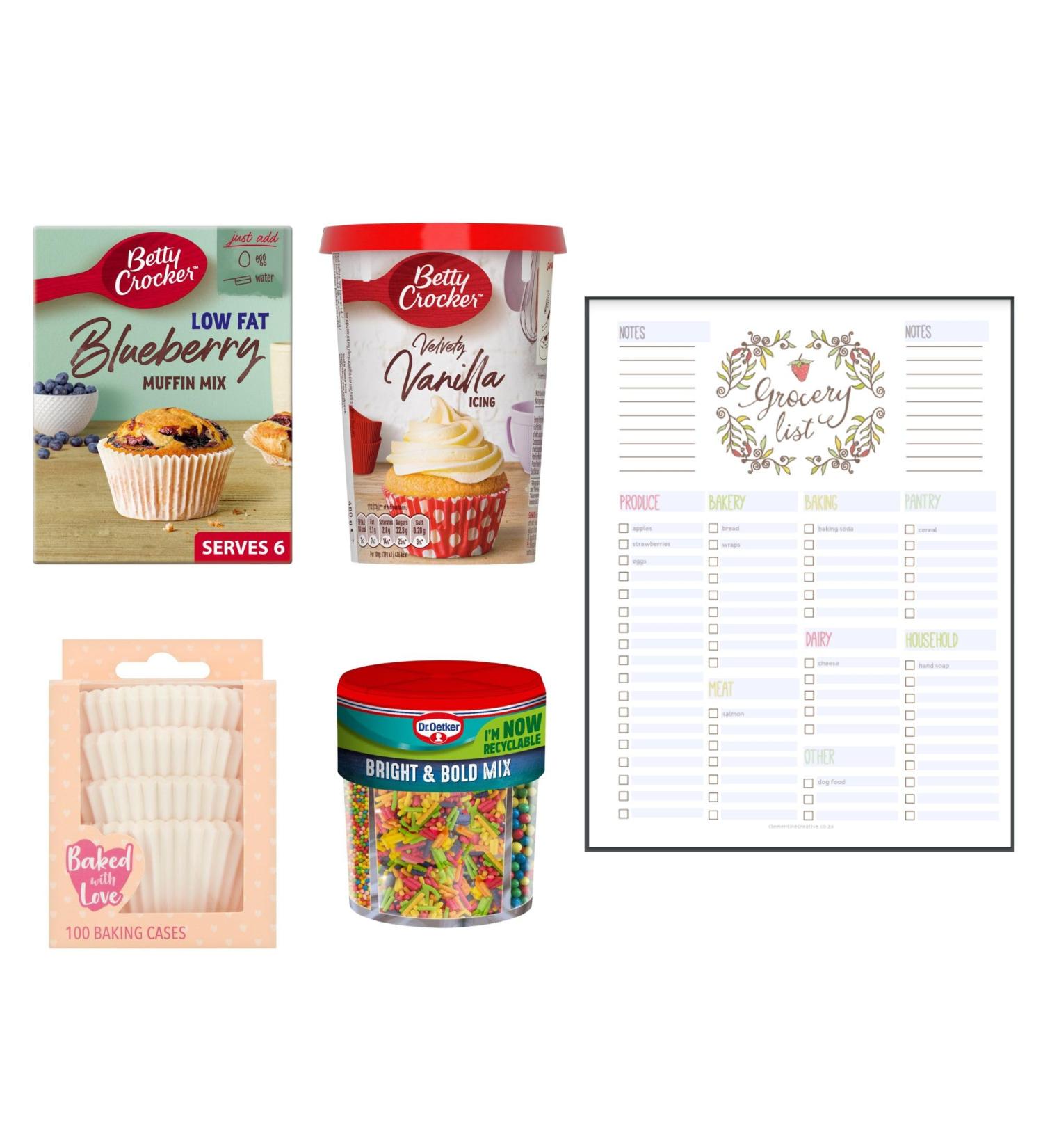 Cupcake Baking Set which Contains Betty Crocker Low Fat Blueberry Muffin Mix 335g Velvety Vanilla Icing 400g Culpitt 100 Baking Cases and Dr. Oetker Sprinkles Mix 109g Bundled with Grocery List Card - Buy Online on GoSupps.com