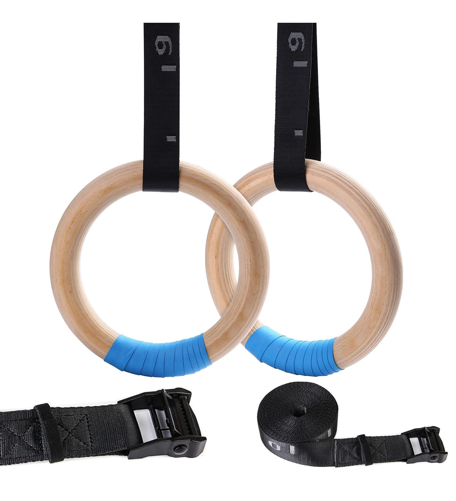 YOELVN Wood Gymnastic Rings with Adjustable Suspension Straps - 15ft Olympic Rings for Pull Up Bar Workout - Heavy Duty 1543/992lbs - Indoor Gym Hanging Rings - Buy Online on GoSupps.com