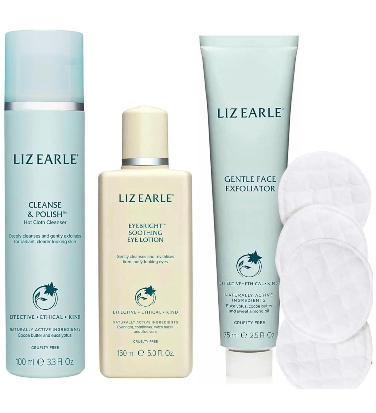 Liz Earle Essential Set Includes Liz Earle Cleanse & Polish 100ml Liz Earle Gentle Face Exfoliator 75ml Liz Earle Eyebright Soothing Eye Lotion 150ml and 4 Reusable Cotton Pads - Buy Online on GoSupps.com