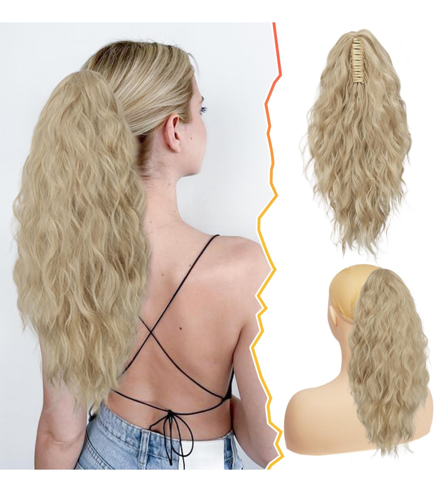 BARSDAR 18'' Curly Wavy Blonde Claw Clip Ponytail Extension - Synthetic Multi-Layered Ponytail Hairpiece for Women - 18 Inch Light Ash Blonde Mixed - Buy Online on GoSupps.com