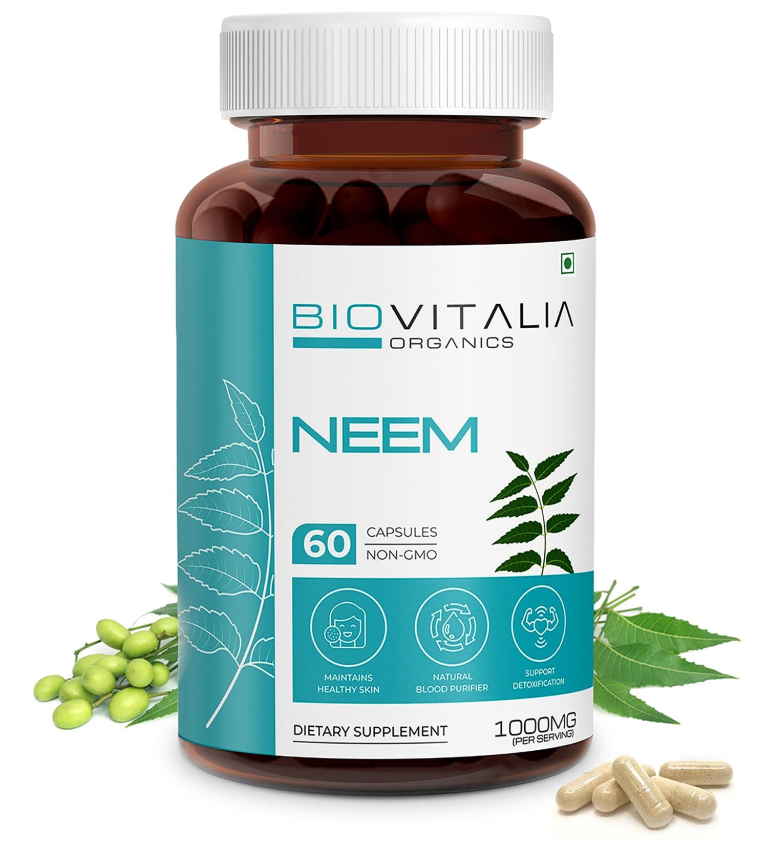 Biovitalia Neem 1000mg Capsules for Healthy Skin & Detox - 60 Vegan Capsules - Buy Online on GoSupps.com