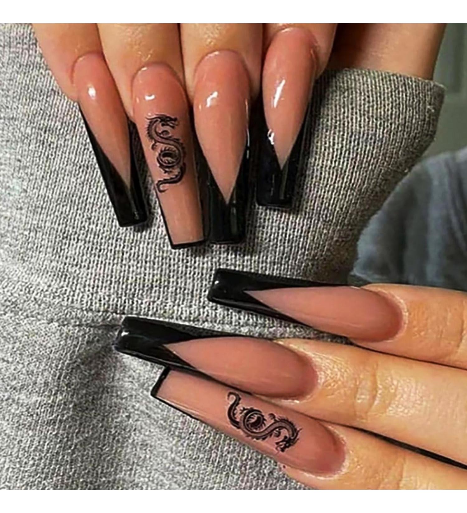Brishow Pink Long Press-On Nails with Black Dragon French Design | 24-Piece Artificial Nails for Women & Girls - Buy Online on GoSupps.com