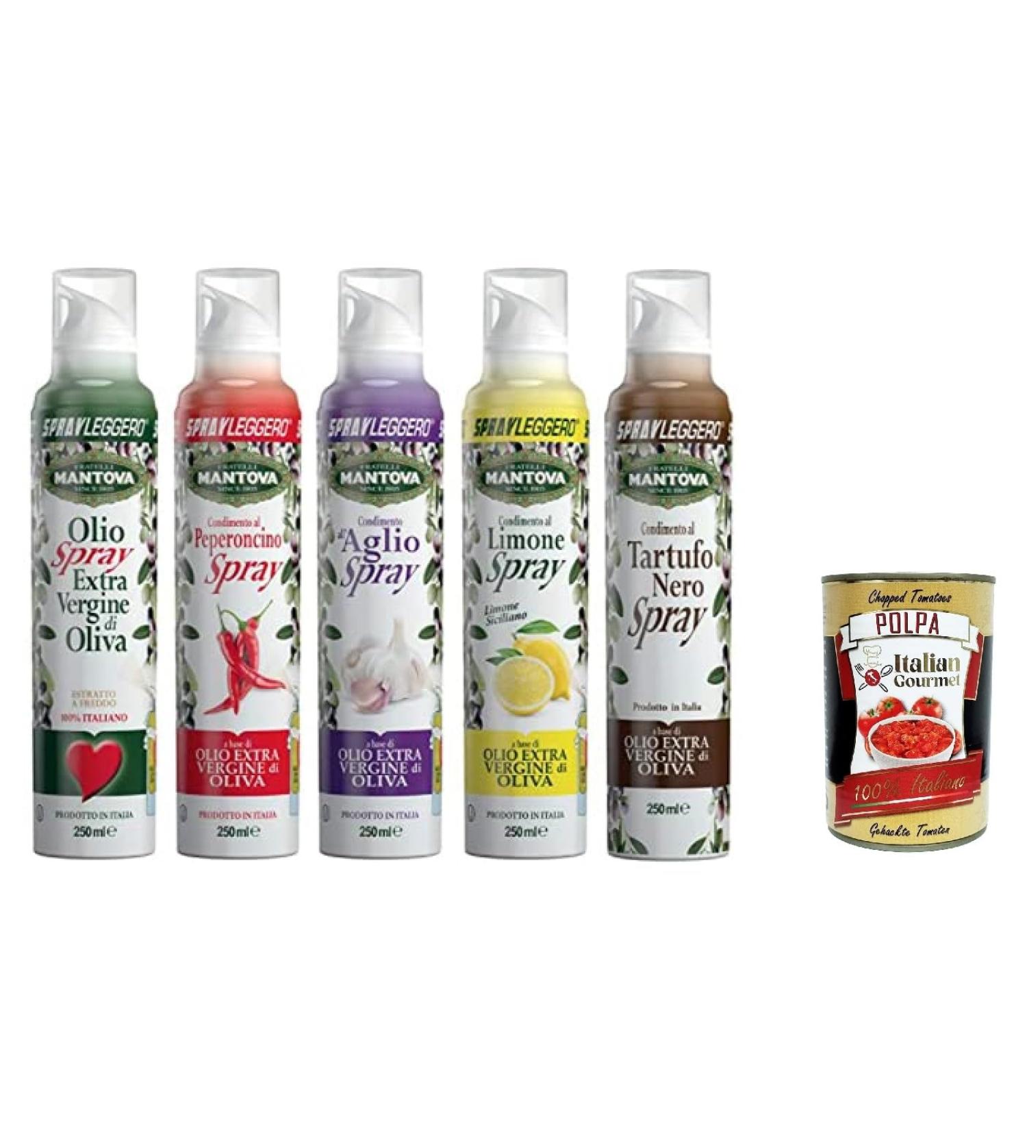  Italian Gourmet E.R. Set of 5 spray bottles of extra virgin olive oil flavored with garlic lemon chili black truffle + gourmet Italian polpa 400 g (5 x 250 ml) - Buy Online on GoSupps.com