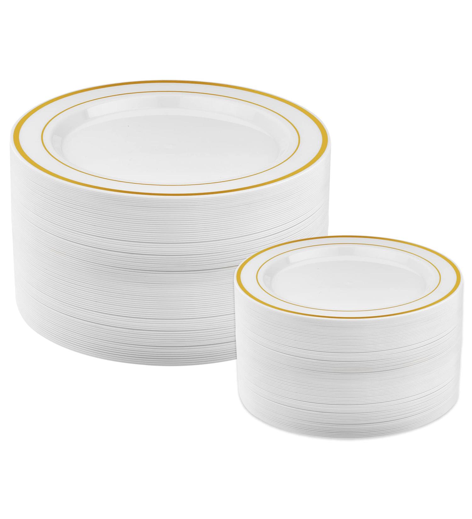 50 Pack Gold Plastic Plates - Elegant Disposable Dinner & Salad Plates for Parties, Weddings, Holidays - Set of 25 Dinner Plates & 25 Salad Plates - Buy Online on GoSupps.com
